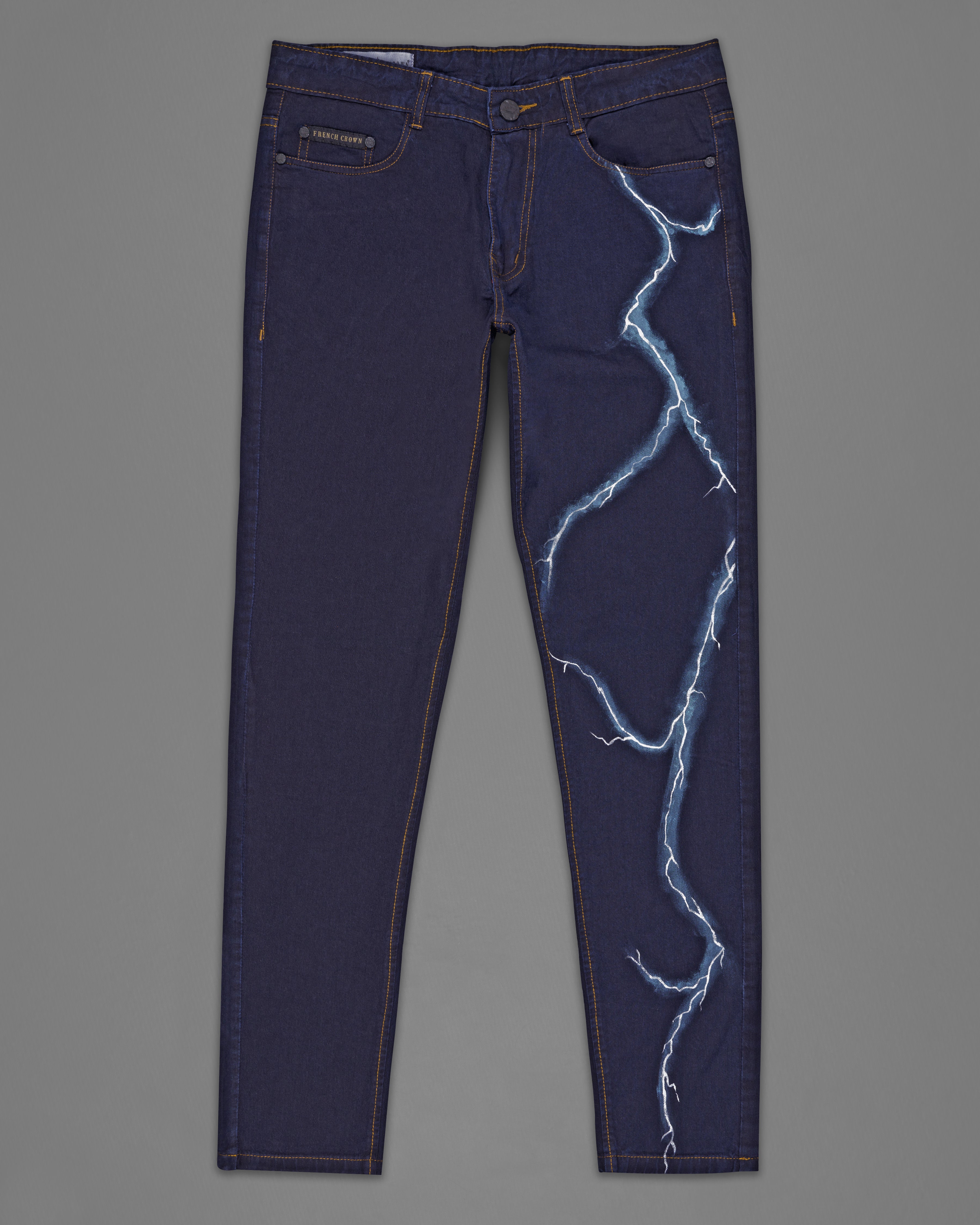 Gunmetal Navy Blue with Metallic Thunder Hand Painted Rinse Wash Denim J077-ART-32, J077-ART-34, J077-ART-36, J077-ART-38, J077-ART-40