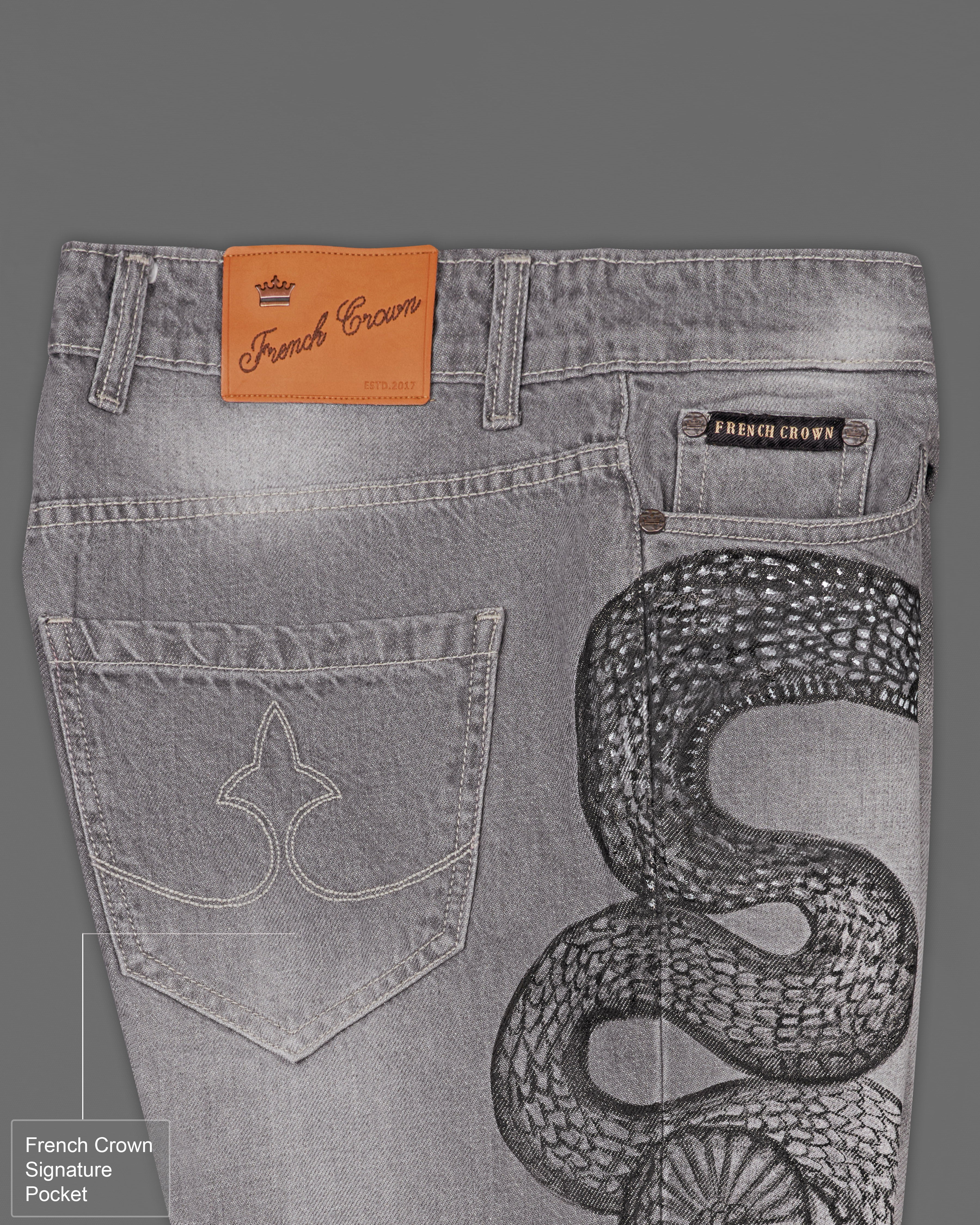 Monsoon Gray Snake Hand-Painted Stone Washed Denim J078-ART-32, J078-ART-34, J078-ART-36, J078-ART-38, J078-ART-40