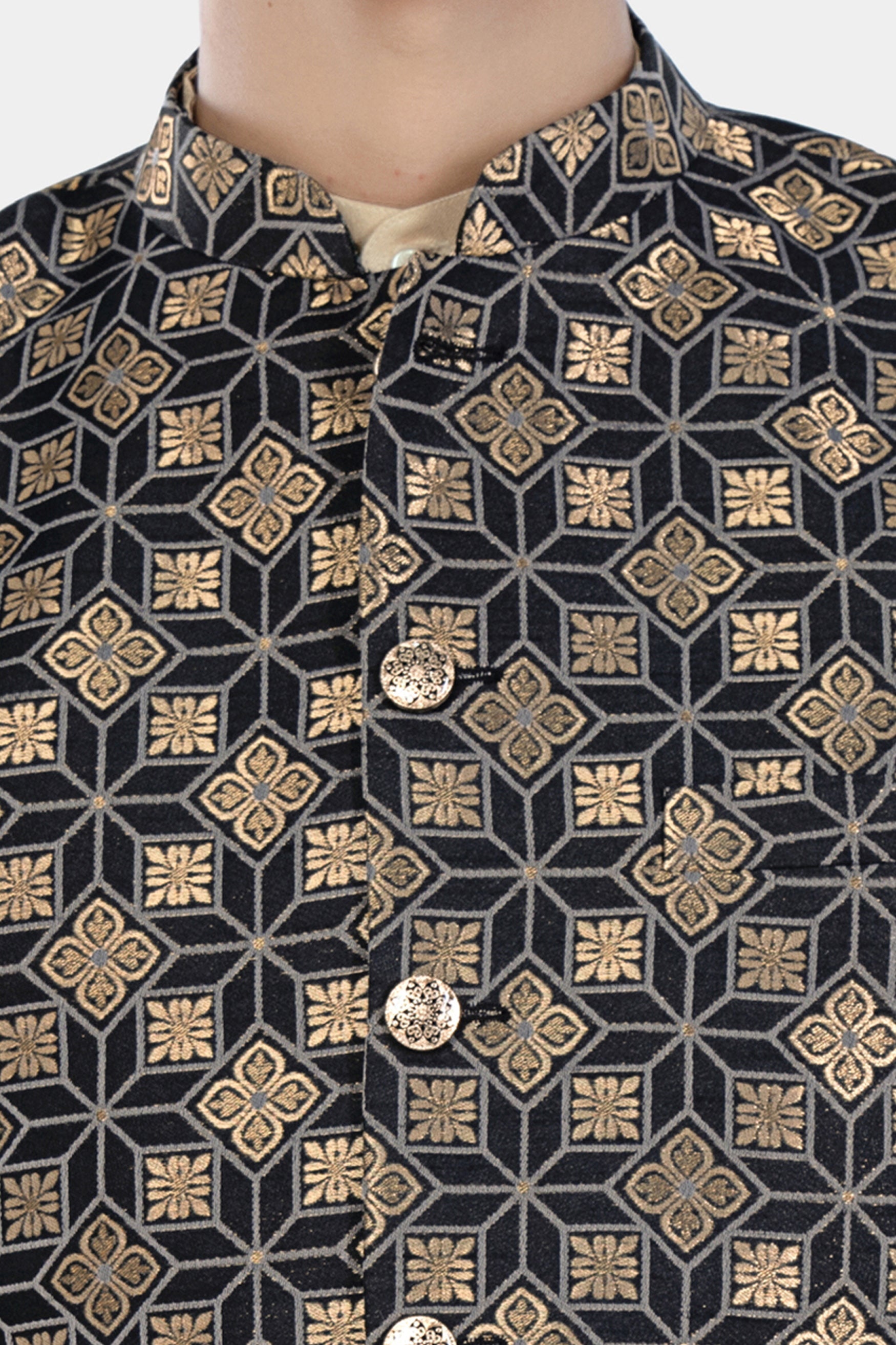 Almond Brown Kurta Set with Cinder Black and Tan Brown Geometric Jacquard Textured Designer Nehru Jacket KPNJ001-44, KPNJ001-46, KPNJ001-48, KPNJ001-50, KPNJ001-52, KPNJ001-54, KPNJ001-56, KPNJ001-58, KPNJ001-60