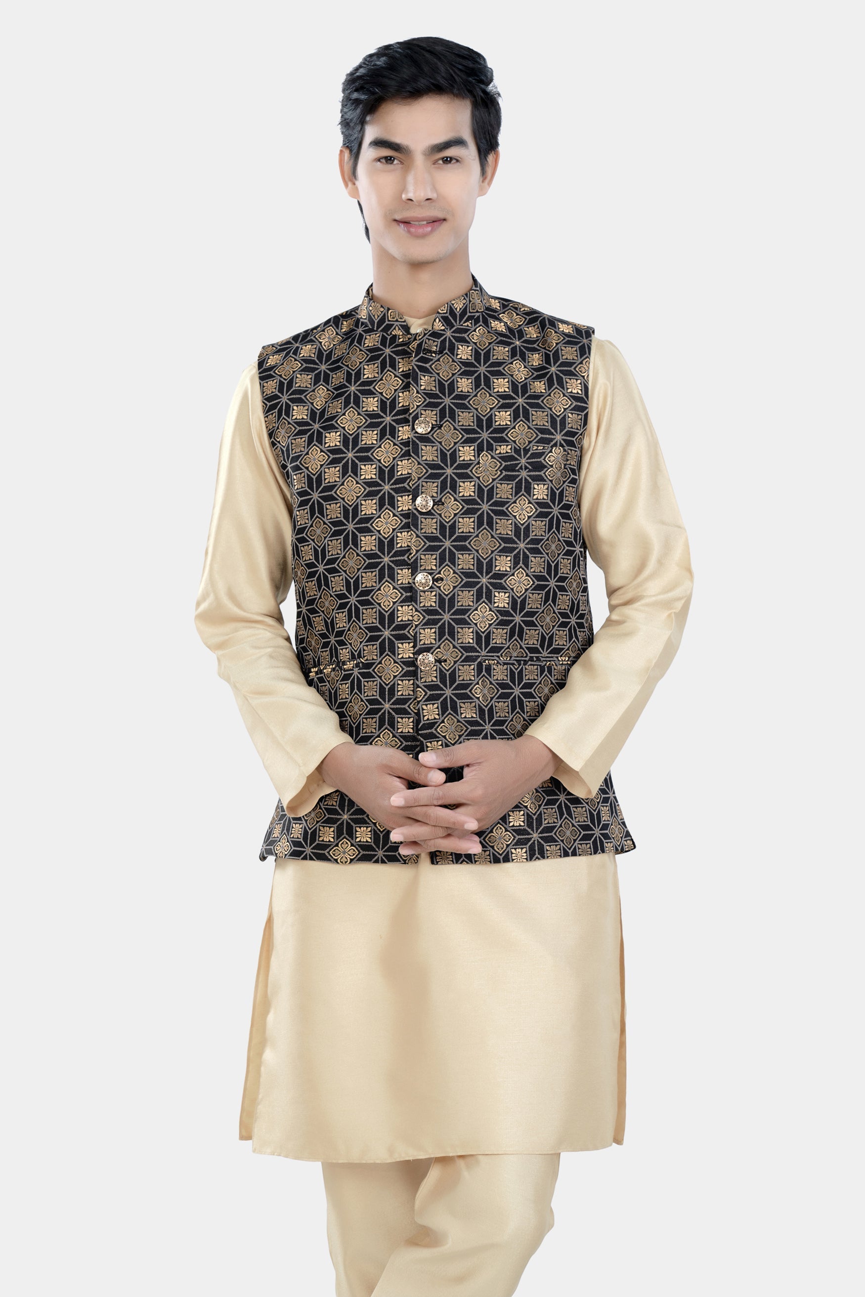 Almond Brown Kurta Set with Cinder Black and Tan Brown Geometric Jacquard Textured Designer Nehru Jacket KPNJ001-44, KPNJ001-46, KPNJ001-48, KPNJ001-50, KPNJ001-52, KPNJ001-54, KPNJ001-56, KPNJ001-58, KPNJ001-60