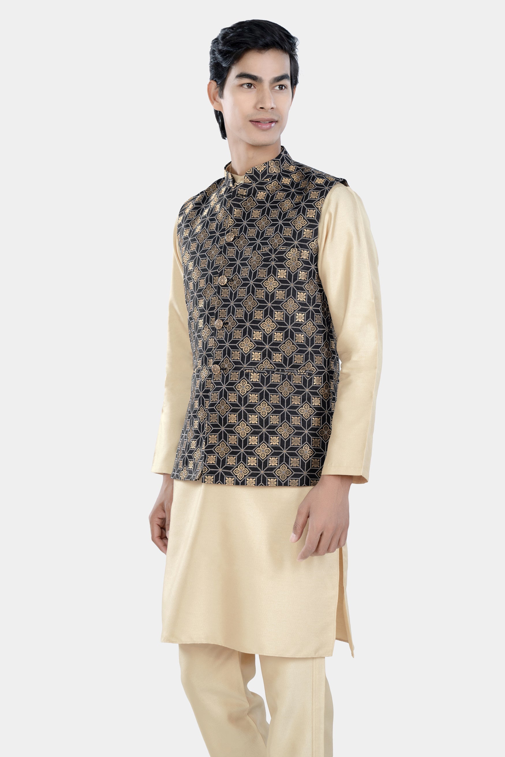 Almond Brown Kurta Set with Cinder Black and Tan Brown Geometric Jacquard Textured Designer Nehru Jacket KPNJ001-44, KPNJ001-46, KPNJ001-48, KPNJ001-50, KPNJ001-52, KPNJ001-54, KPNJ001-56, KPNJ001-58, KPNJ001-60
