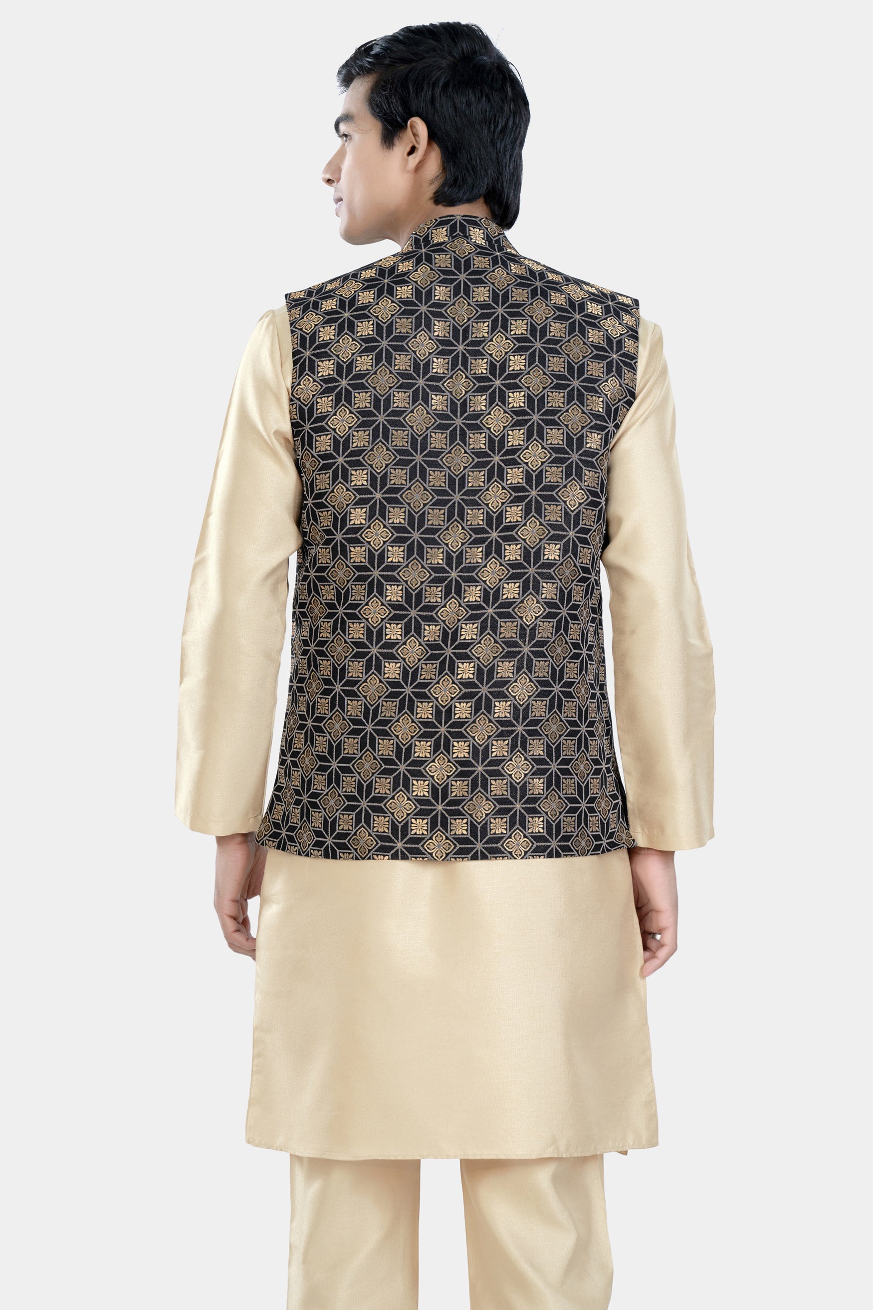 Almond Brown Kurta Set with Cinder Black and Tan Brown Geometric Jacquard Textured Designer Nehru Jacket KPNJ001-44, KPNJ001-46, KPNJ001-48, KPNJ001-50, KPNJ001-52, KPNJ001-54, KPNJ001-56, KPNJ001-58, KPNJ001-60