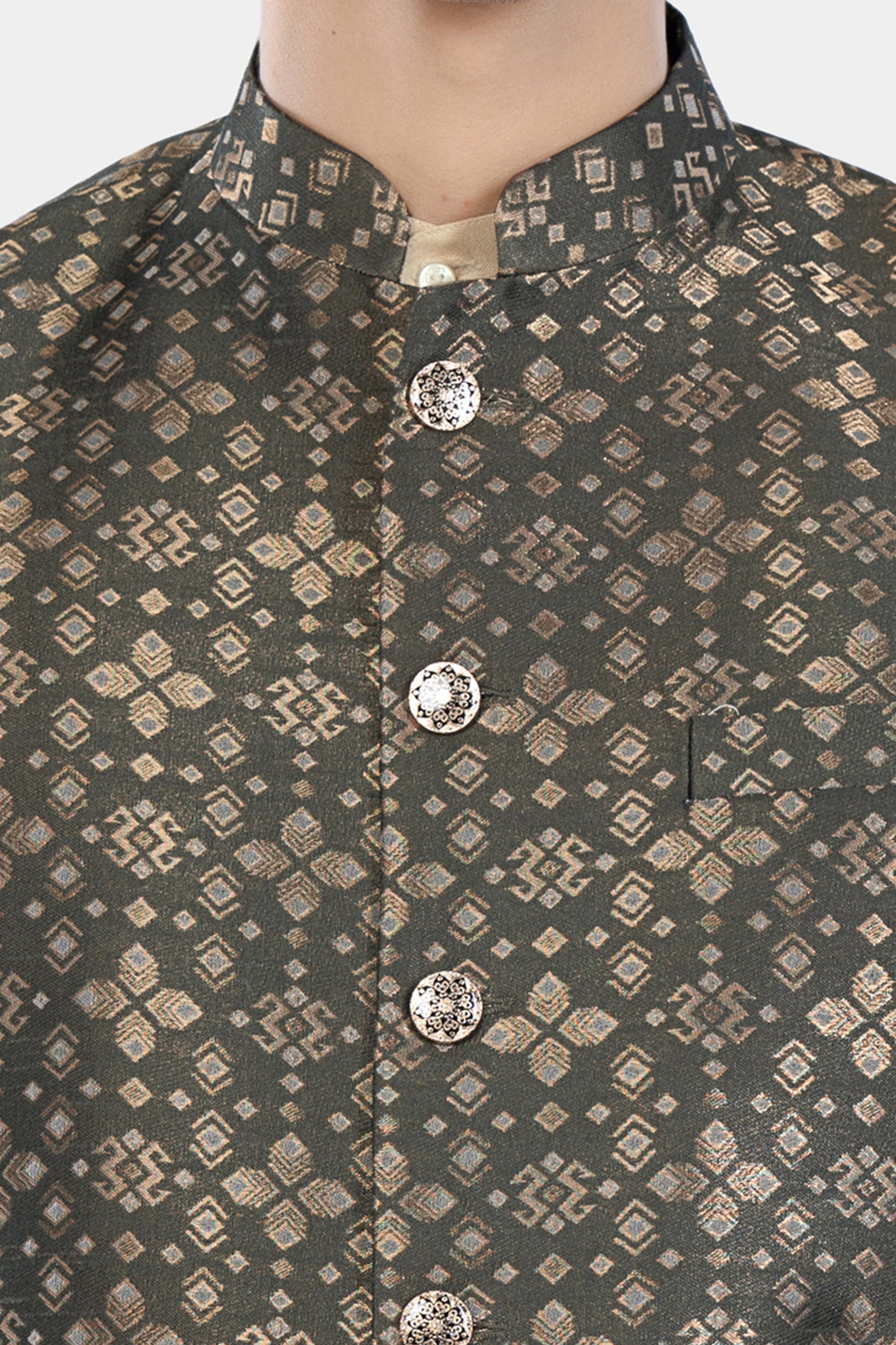 Almond Brown Kurta Set with Fuscous Green and Mongoose Brown Floral Jacquard Textured Designer Nehru Jacket KPNJ004-44, KPNJ004-46, KPNJ004-48, KPNJ004-50, KPNJ004-52, KPNJ004-54, KPNJ004-56, KPNJ004-58, KPNJ004-60