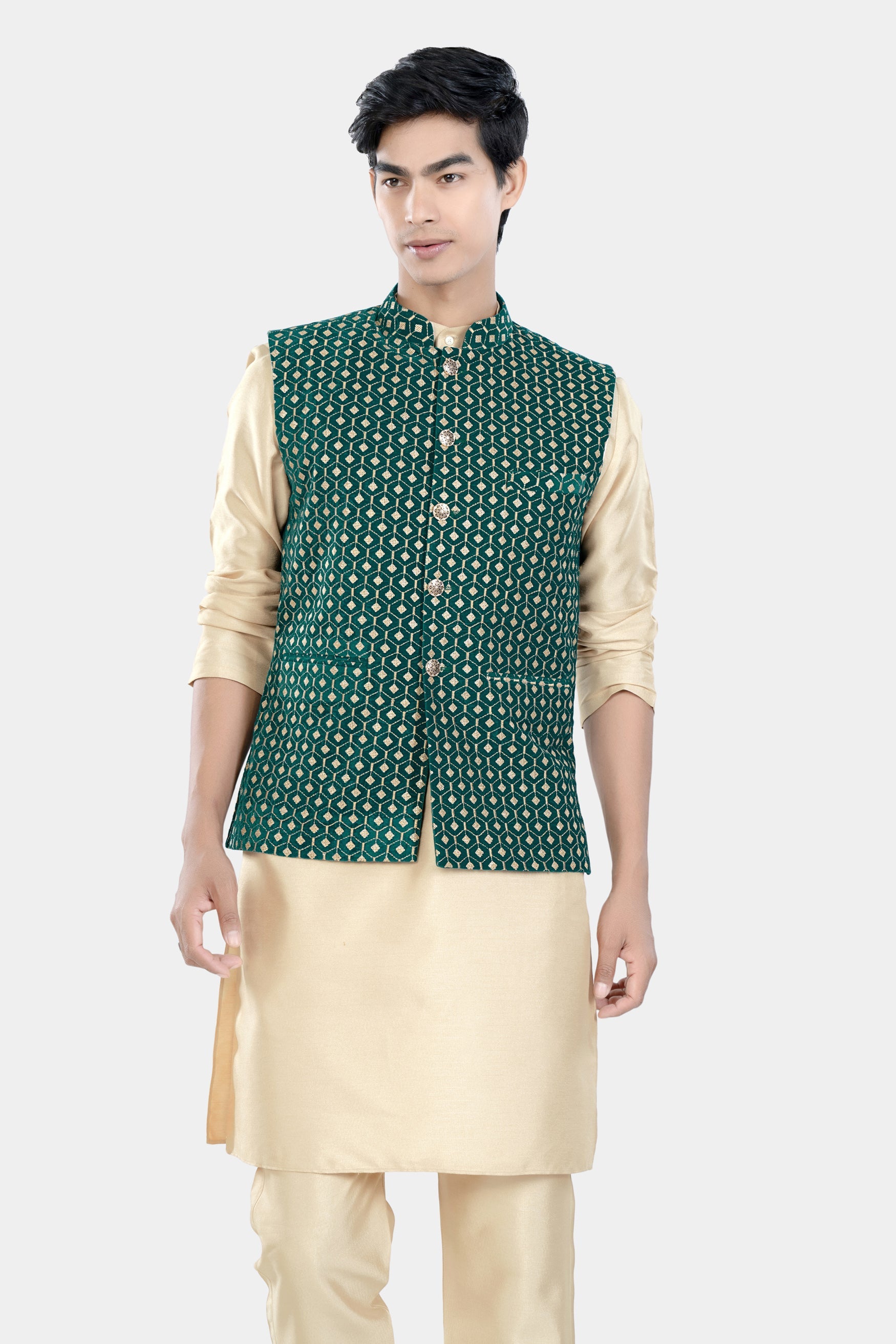 Almond Brown Kurta Set with Sherpa Green and Givry Cream Hexagon Sequin and Thread Embroidered Designer Nehru Jacket KPNJ005-44, KPNJ005-46, KPNJ005-48, KPNJ005-50, KPNJ005-52, KPNJ005-54, KPNJ005-56, KPNJ005-58, KPNJ005-60