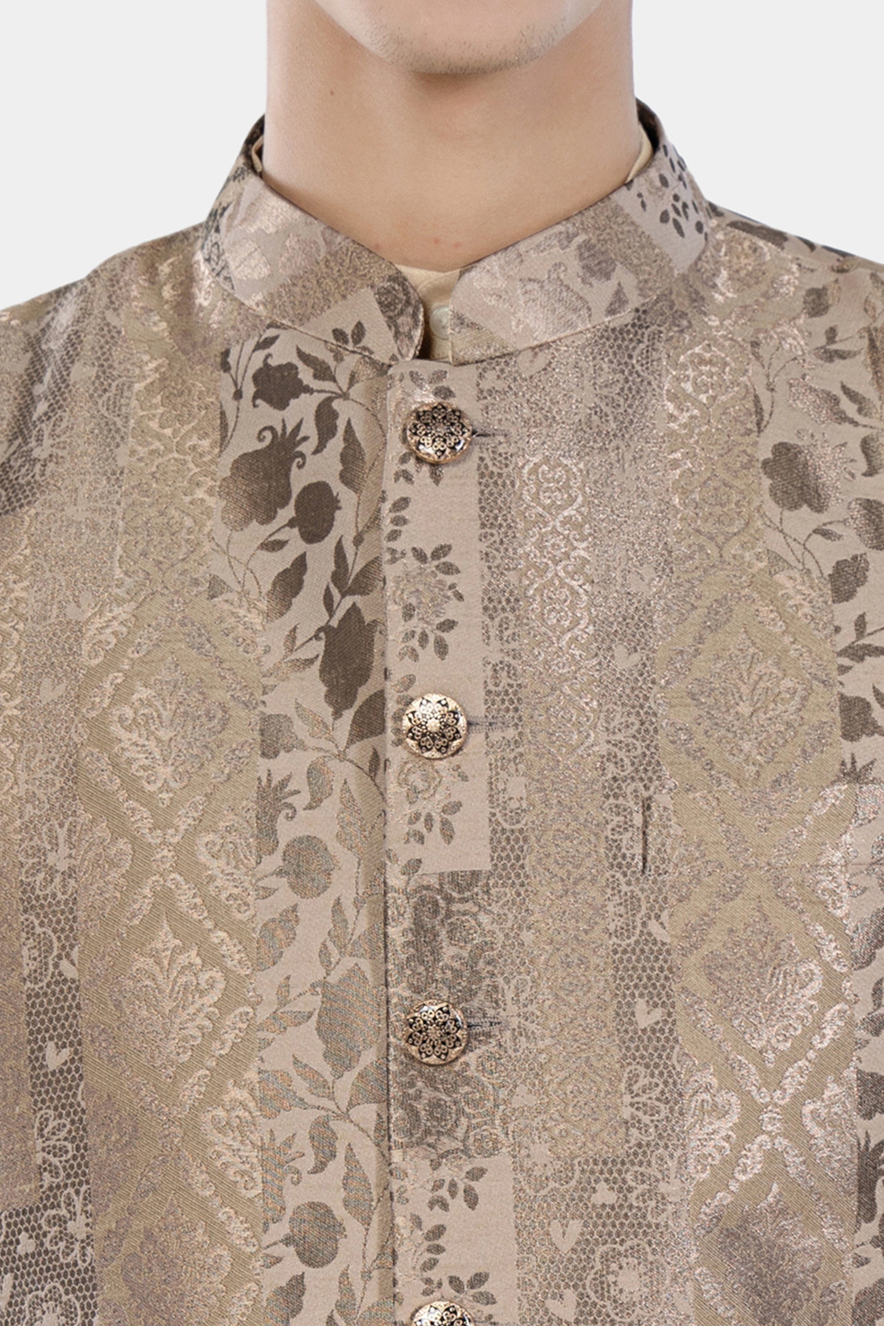 Almond Brown Kurta Set with Cashmere and Sandrift Brown Floral Jacquard Textured Designer Nehru Jacket KPNJ009-44,  KPNJ009-46,  KPNJ009-48,  KPNJ009-50,  KPNJ009-52,  KPNJ009-54,  KPNJ009-56,  KPNJ009-58,  KPNJ009-60