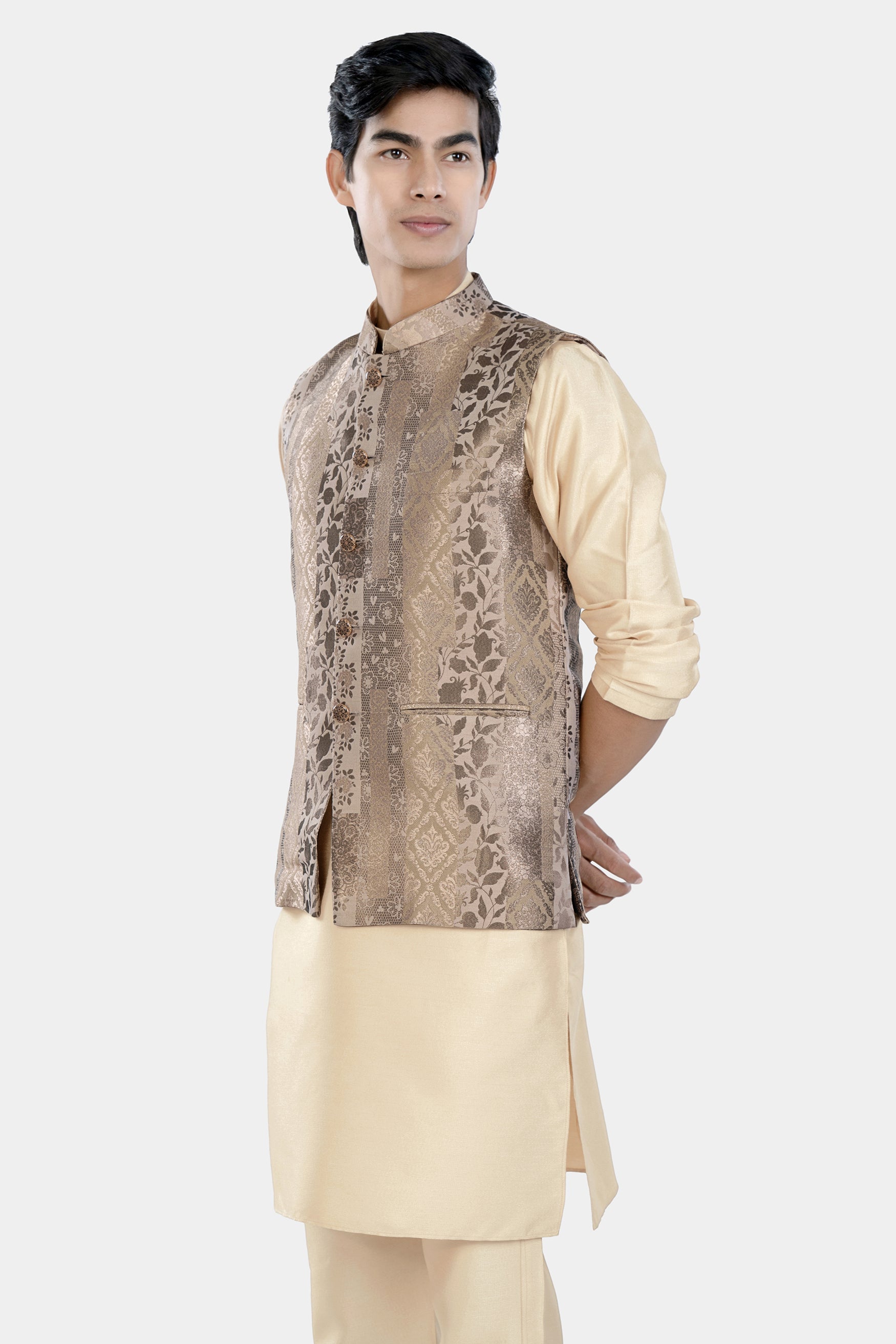 Almond Brown Kurta Set with Cashmere and Sandrift Brown Floral Jacquard Textured Designer Nehru Jacket KPNJ009-44,  KPNJ009-46,  KPNJ009-48,  KPNJ009-50,  KPNJ009-52,  KPNJ009-54,  KPNJ009-56,  KPNJ009-58,  KPNJ009-60