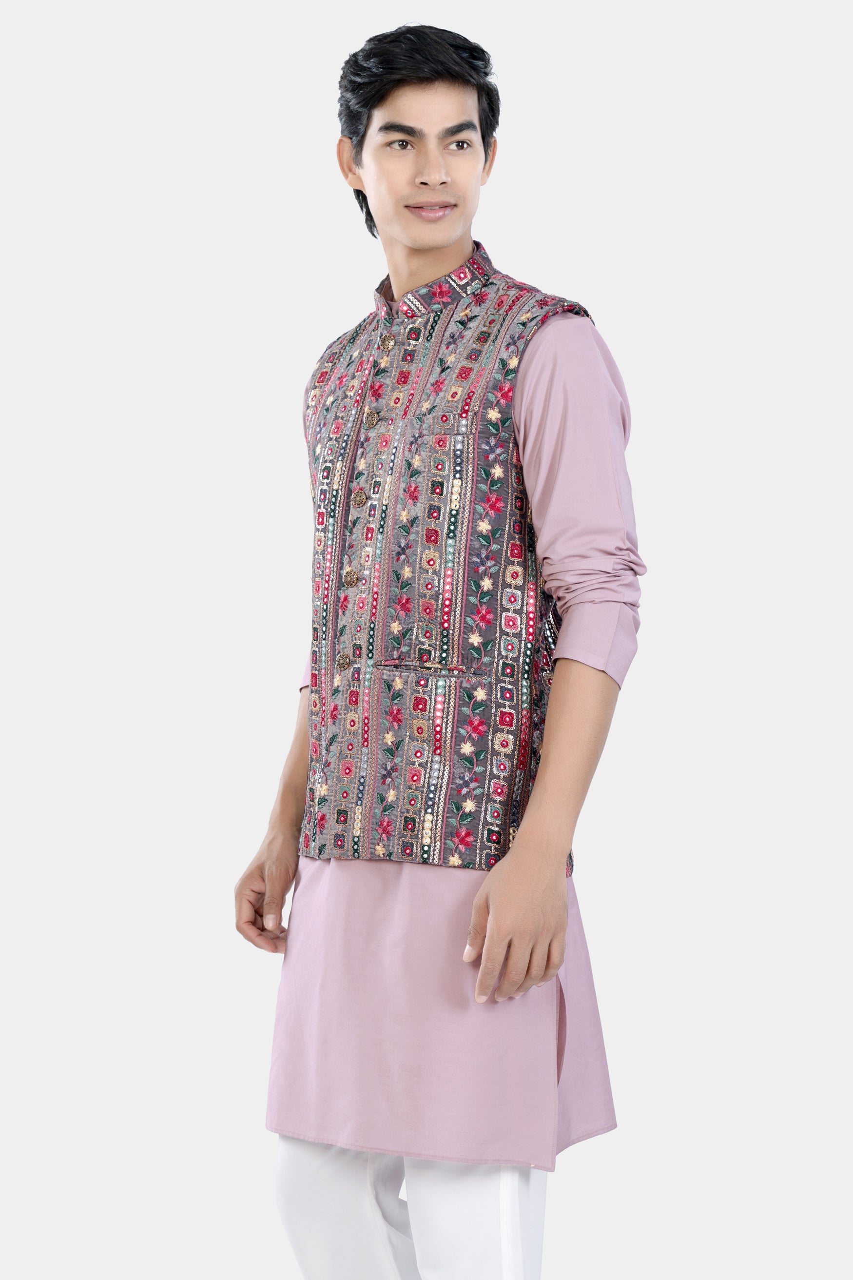 Thistle Pink Kurta Set with Fedora Gray and Carmine Pink Thread and Sequin Embroidered with Mirrorwork Designer Nehru Jacket KPNJ012-44, KPNJ012-46, KPNJ012-48, KPNJ012-50, KPNJ012-52, KPNJ012-54, KPNJ012-56, KPNJ012-58, KPNJ012-60