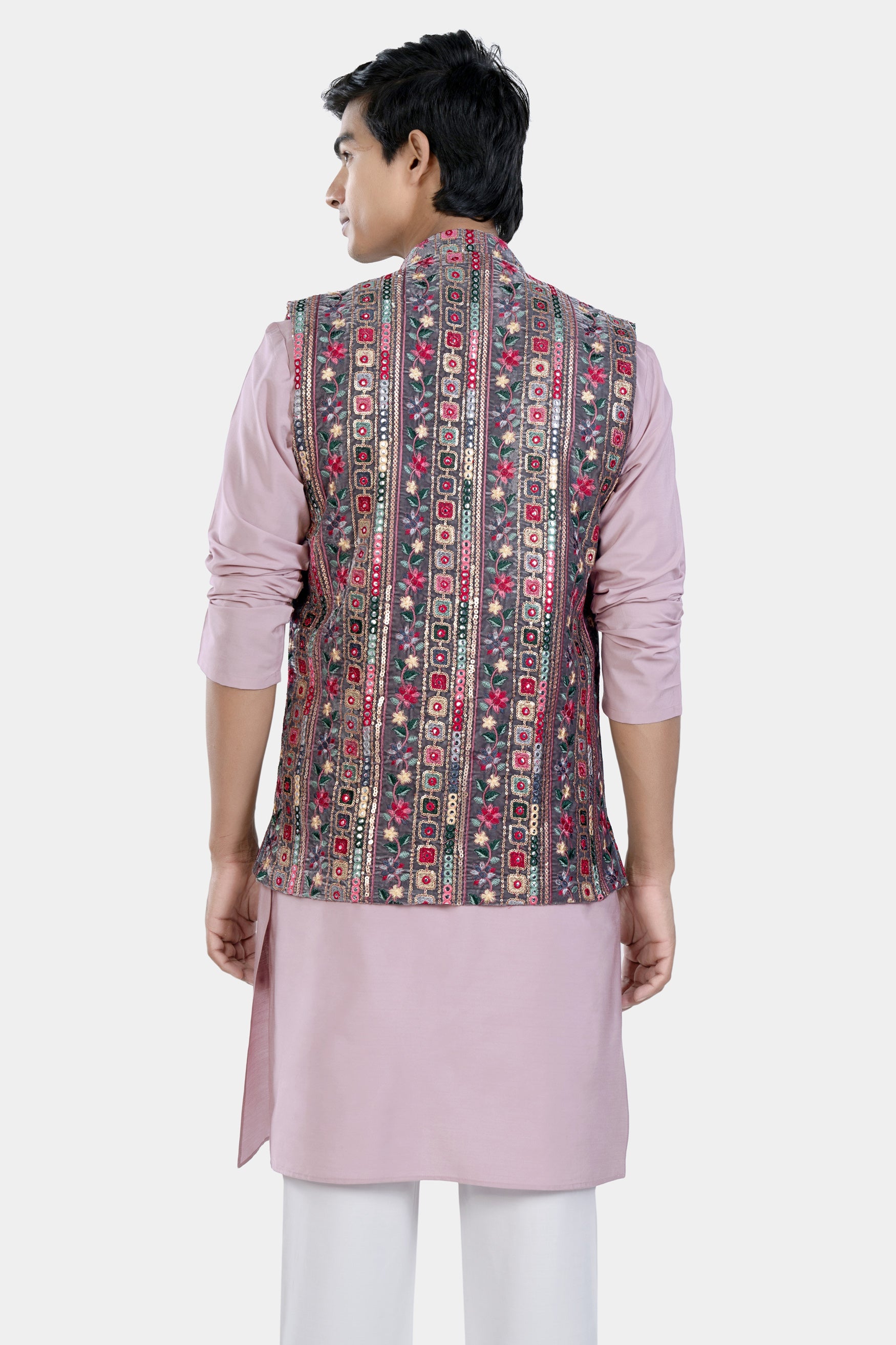 Thistle Pink Kurta Set with Fedora Gray and Carmine Pink Thread and Sequin Embroidered with Mirrorwork Designer Nehru Jacket KPNJ012-44, KPNJ012-46, KPNJ012-48, KPNJ012-50, KPNJ012-52, KPNJ012-54, KPNJ012-56, KPNJ012-58, KPNJ012-60