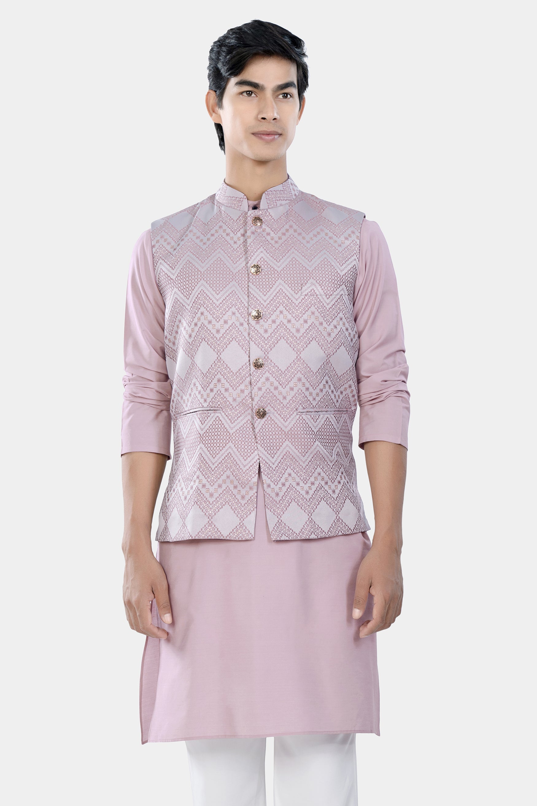 Thistle Pink Kurta Set with Blossom Pink Chevron Thread Embroidered Designer Nehru Jacket KPNJ015-44, KPNJ015-46, KPNJ015-48, KPNJ015-50, KPNJ015-52, KPNJ015-54, KPNJ015-56, KPNJ015-58, KPNJ015-60