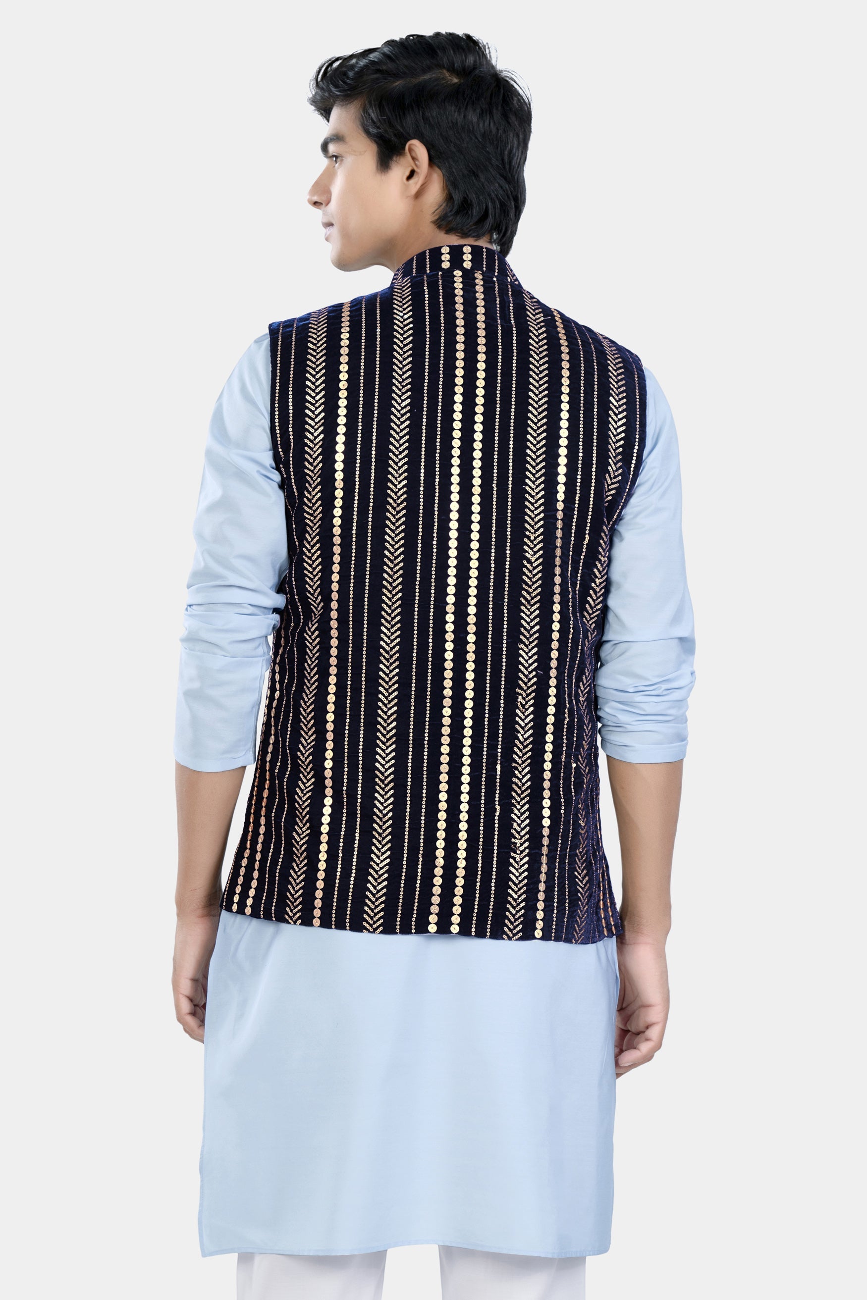 Tropical Blue Kurta Set with Stratos Blue Vertical Sequin Embroidered Designer Nehru Jacket KPNJ019-44,  KPNJ019-46,  KPNJ019-48,  KPNJ019-50,  KPNJ019-52,  KPNJ019-54,  KPNJ019-56,  KPNJ019-58,  KPNJ019-60