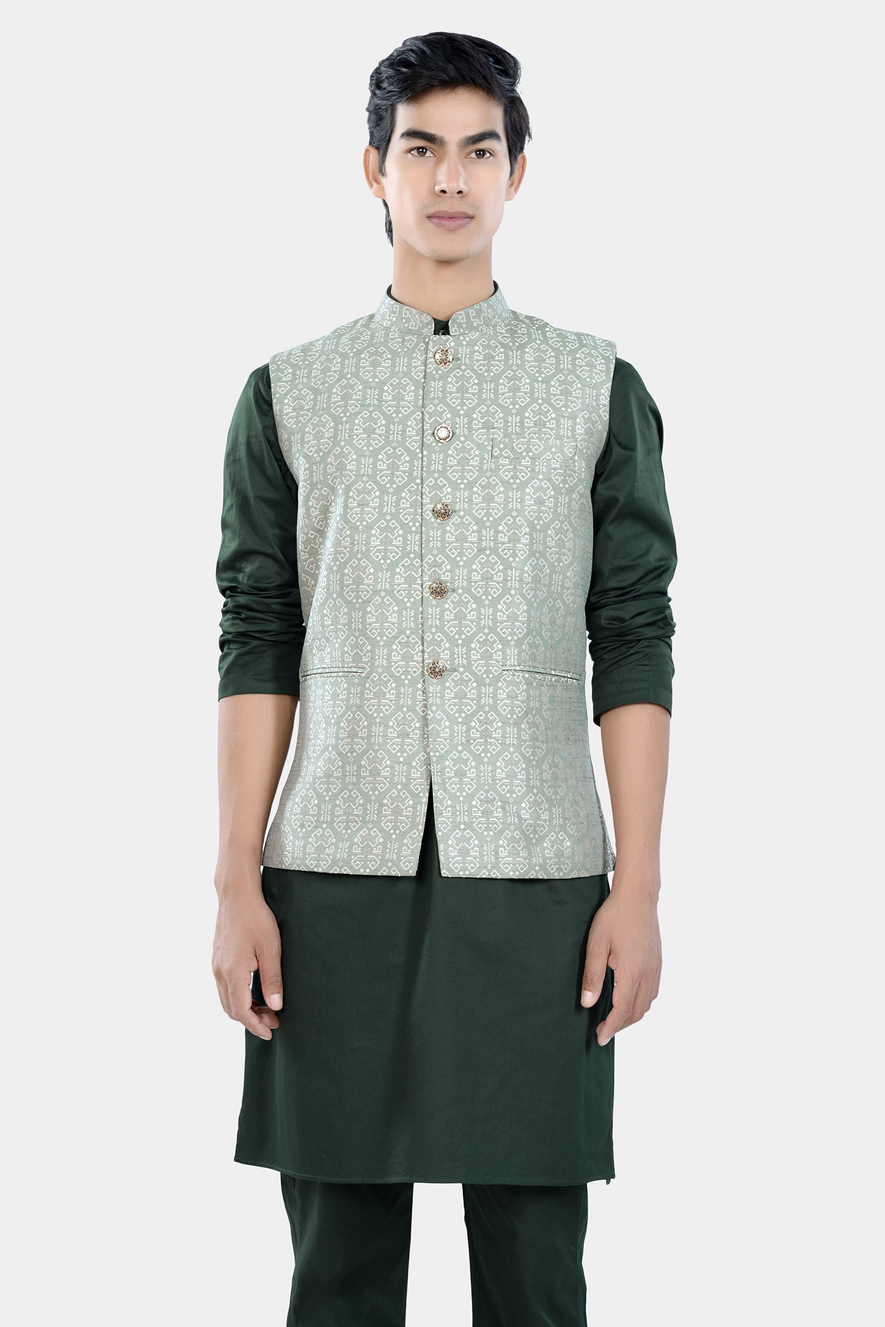 Timber Green Kurta Set with Pumice Green and White Jacquard Textured Designer Nehru Jacket KPNJ022-44, KPNJ022-46, KPNJ022-48, KPNJ022-50, KPNJ022-52, KPNJ022-54, KPNJ022-56, KPNJ022-58, KPNJ022-60