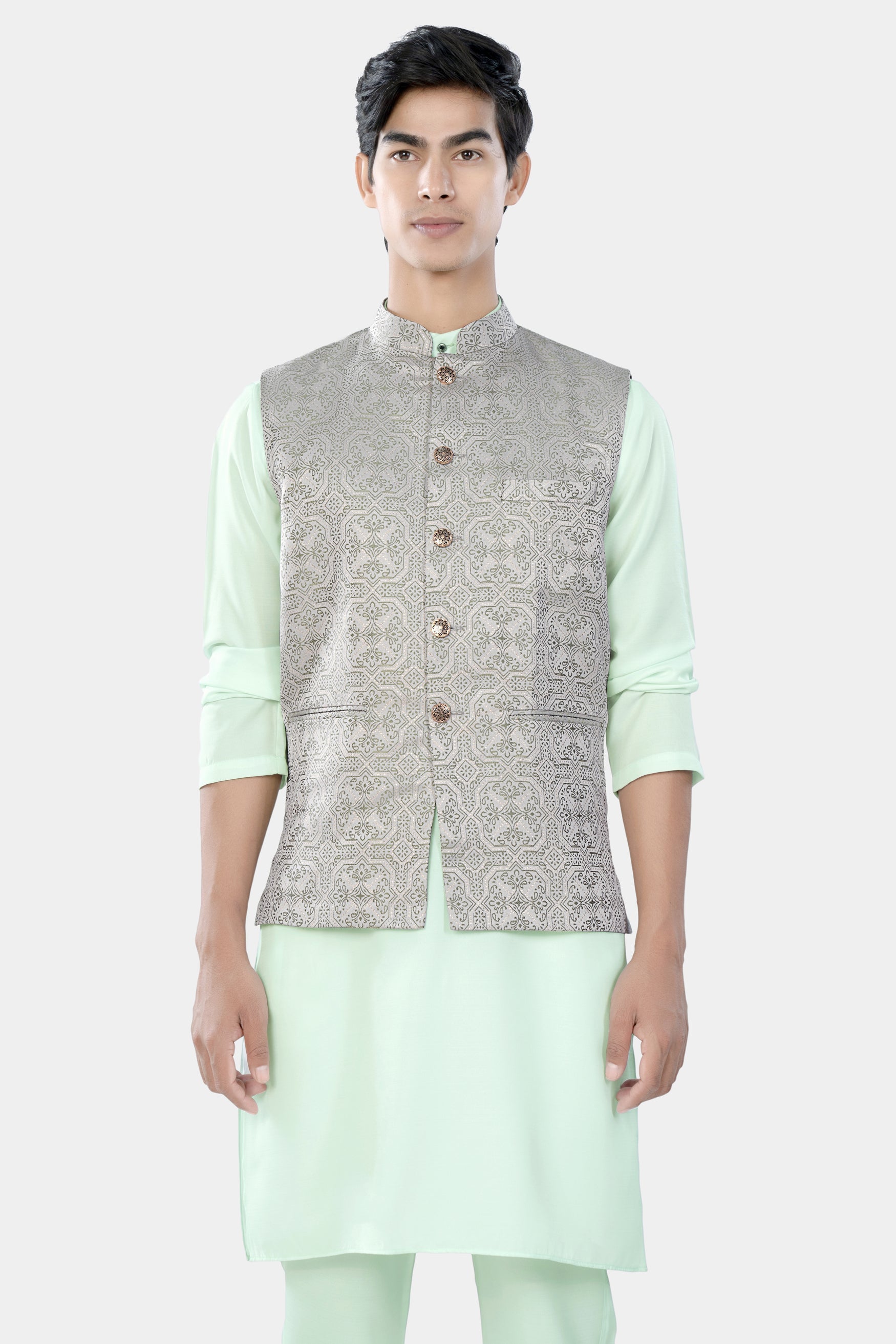 Periglacial Green Kurta Set with Gainsboro Gray and Sage Green Geometric Jacquard Textured Designer Nehru Jacket KPNJ025-44, KPNJ025-46, KPNJ025-48, KPNJ025-50, KPNJ025-52, KPNJ025-54, KPNJ025-56, KPNJ025-58, KPNJ025-60
