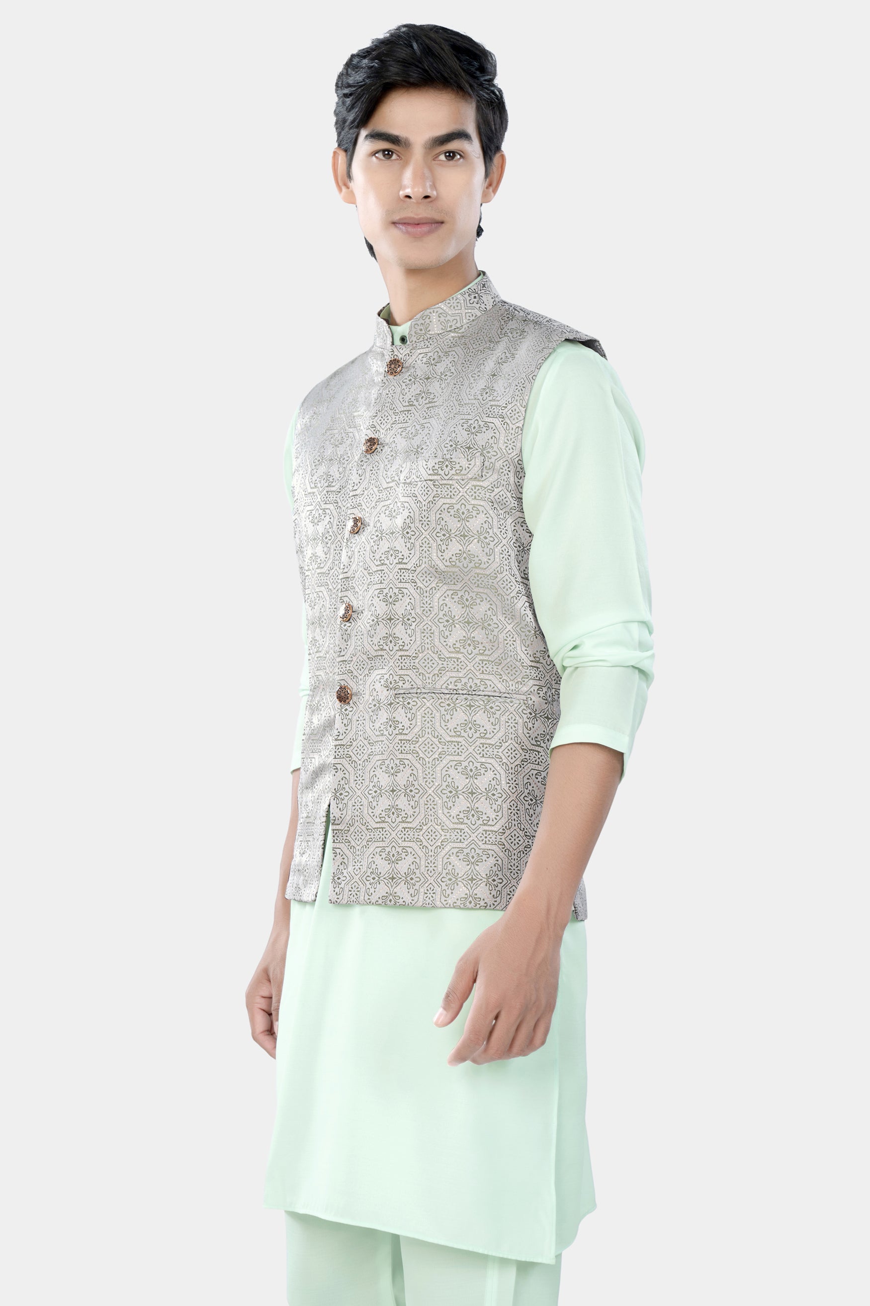 Periglacial Green Kurta Set with Gainsboro Gray and Sage Green Geometric Jacquard Textured Designer Nehru Jacket KPNJ025-44, KPNJ025-46, KPNJ025-48, KPNJ025-50, KPNJ025-52, KPNJ025-54, KPNJ025-56, KPNJ025-58, KPNJ025-60