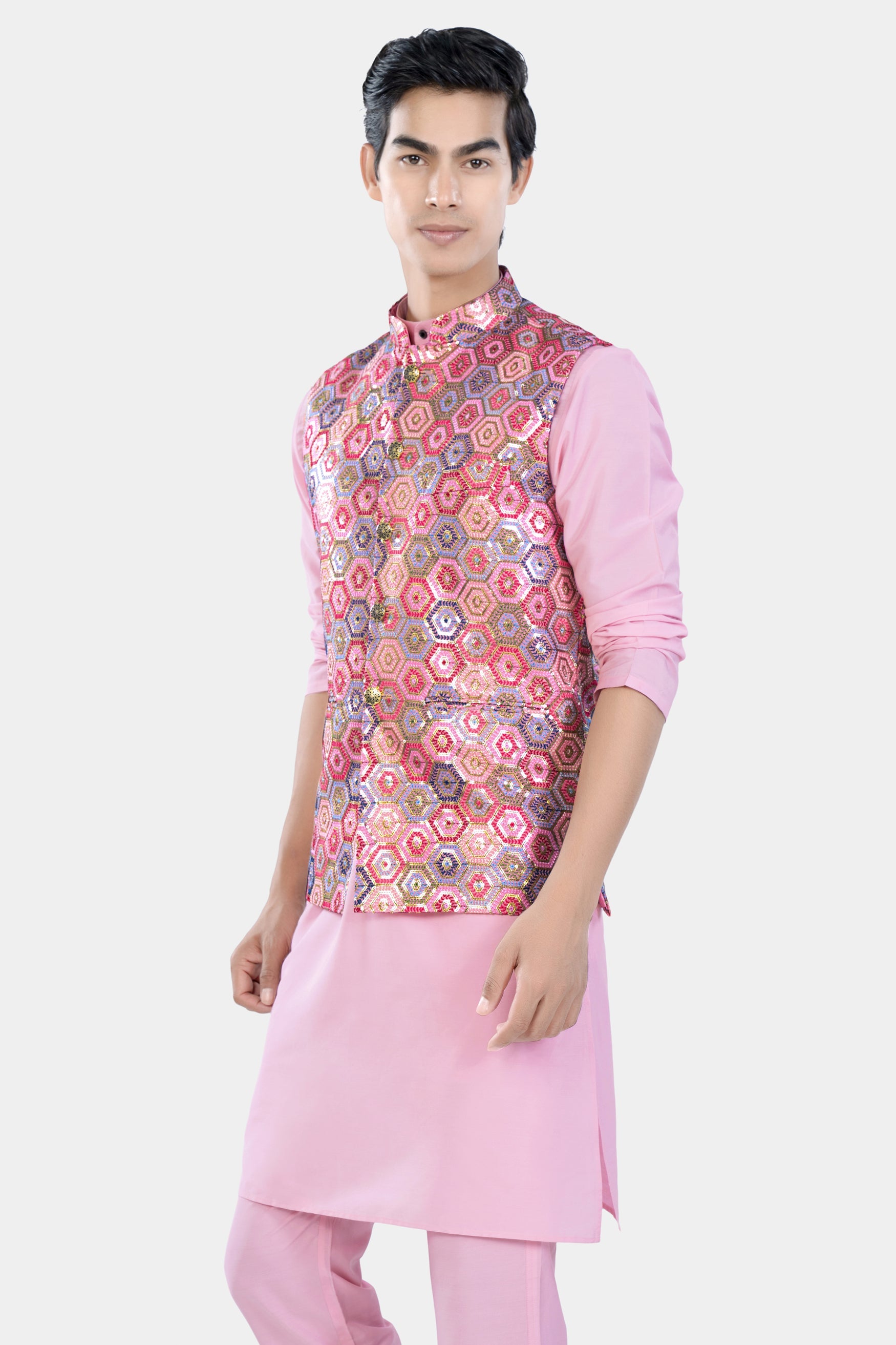 Azalea Pink Kurta Set with Radical Pink and Rhino Blue Multicolour Honeycomb Sequin and Thread Embroidered Designer Nehru Jacket KPNJ036-44, KPNJ036-46, KPNJ036-48, KPNJ036-50, KPNJ036-52, KPNJ036-54, KPNJ036-56, KPNJ036-58, KPNJ036-60