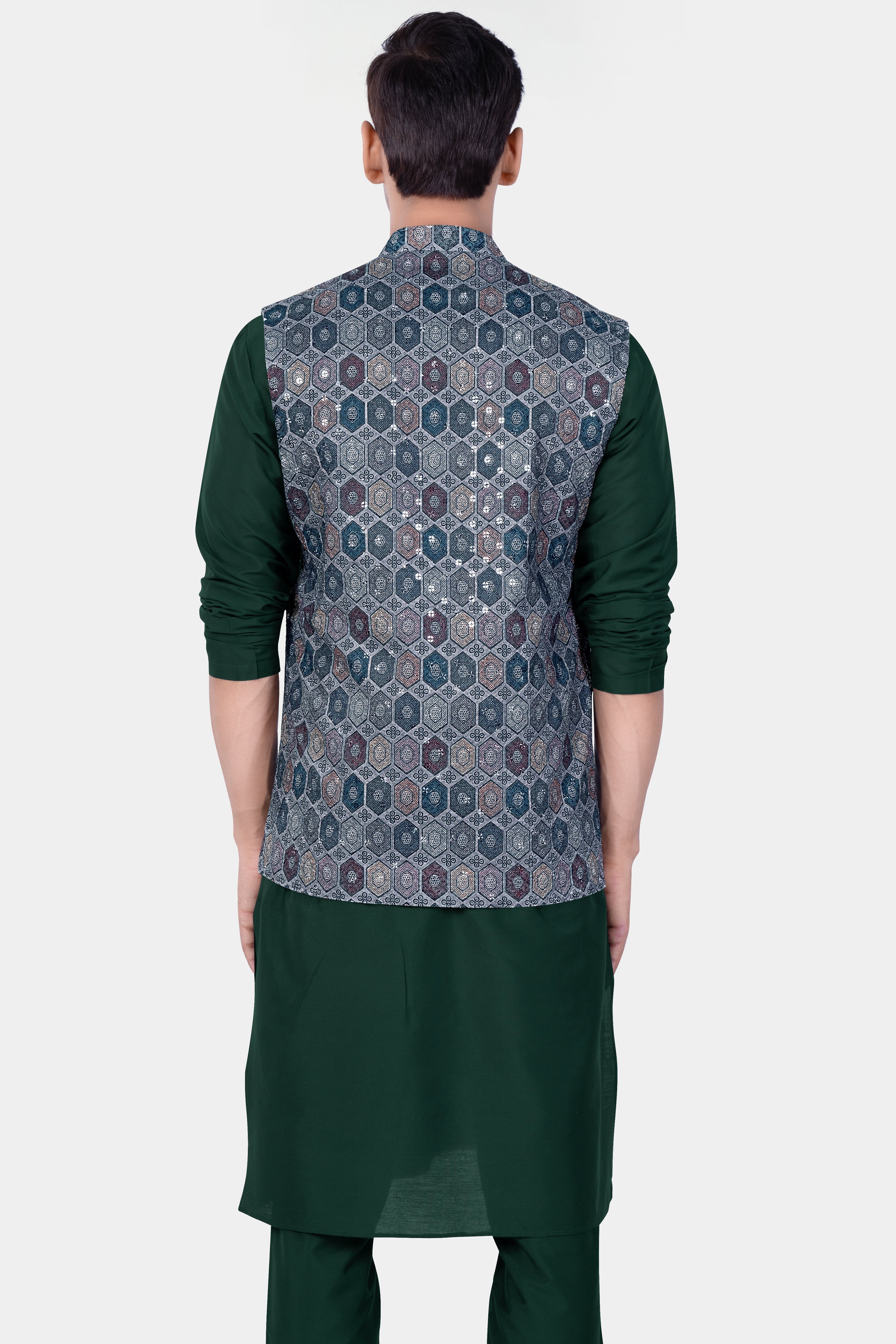 Timber Green Kurta Set With Tuna Blue And Gunsmoke Gray Multicolour Embroidered Nehru Jacket