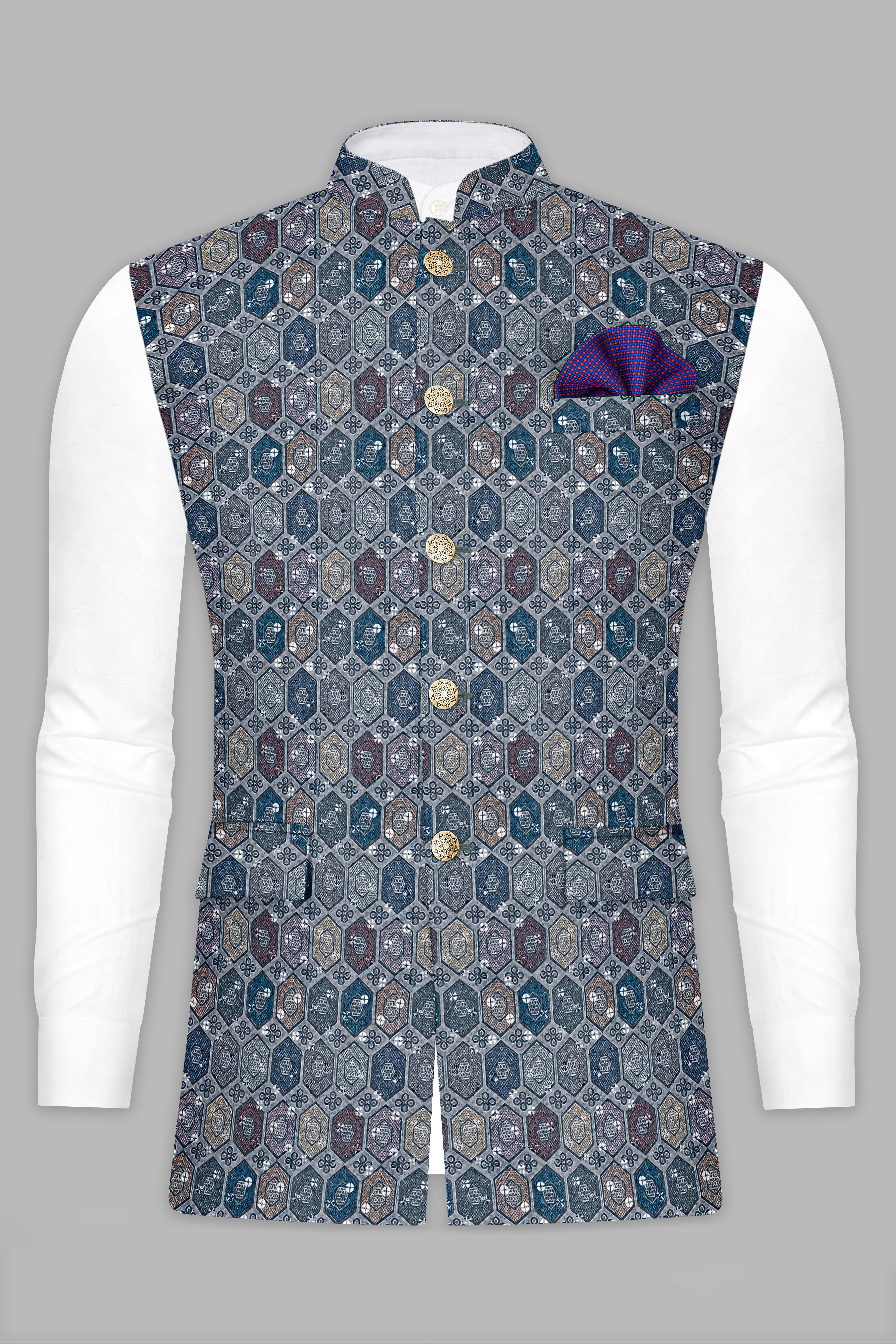 Timber Green Kurta Set With Tuna Blue And Gunsmoke Gray Multicolour Embroidered Nehru Jacket