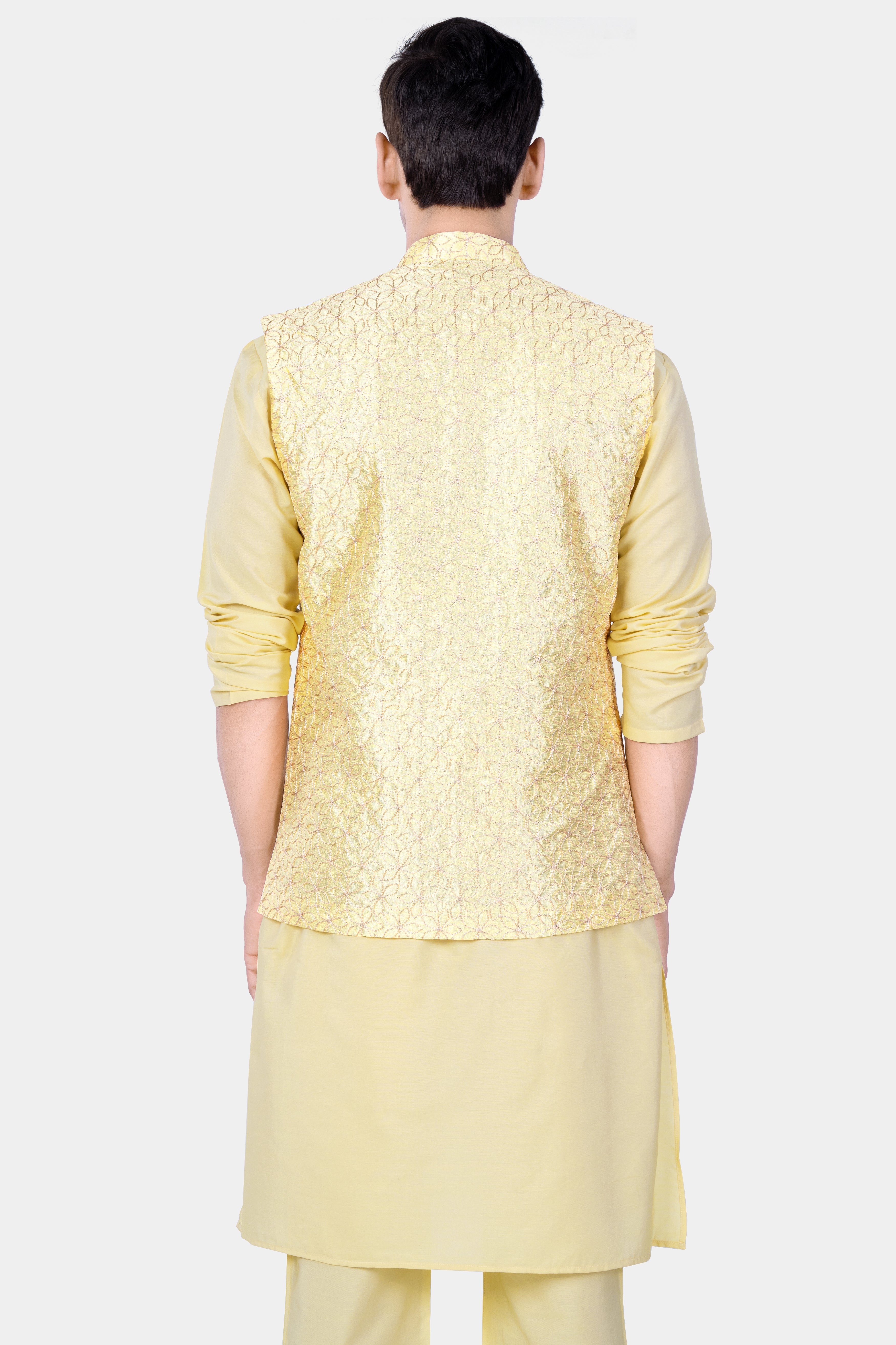 Hampton Yellow Kurta Set With Blond Yellow Flower Embroidered Nehru Jacket