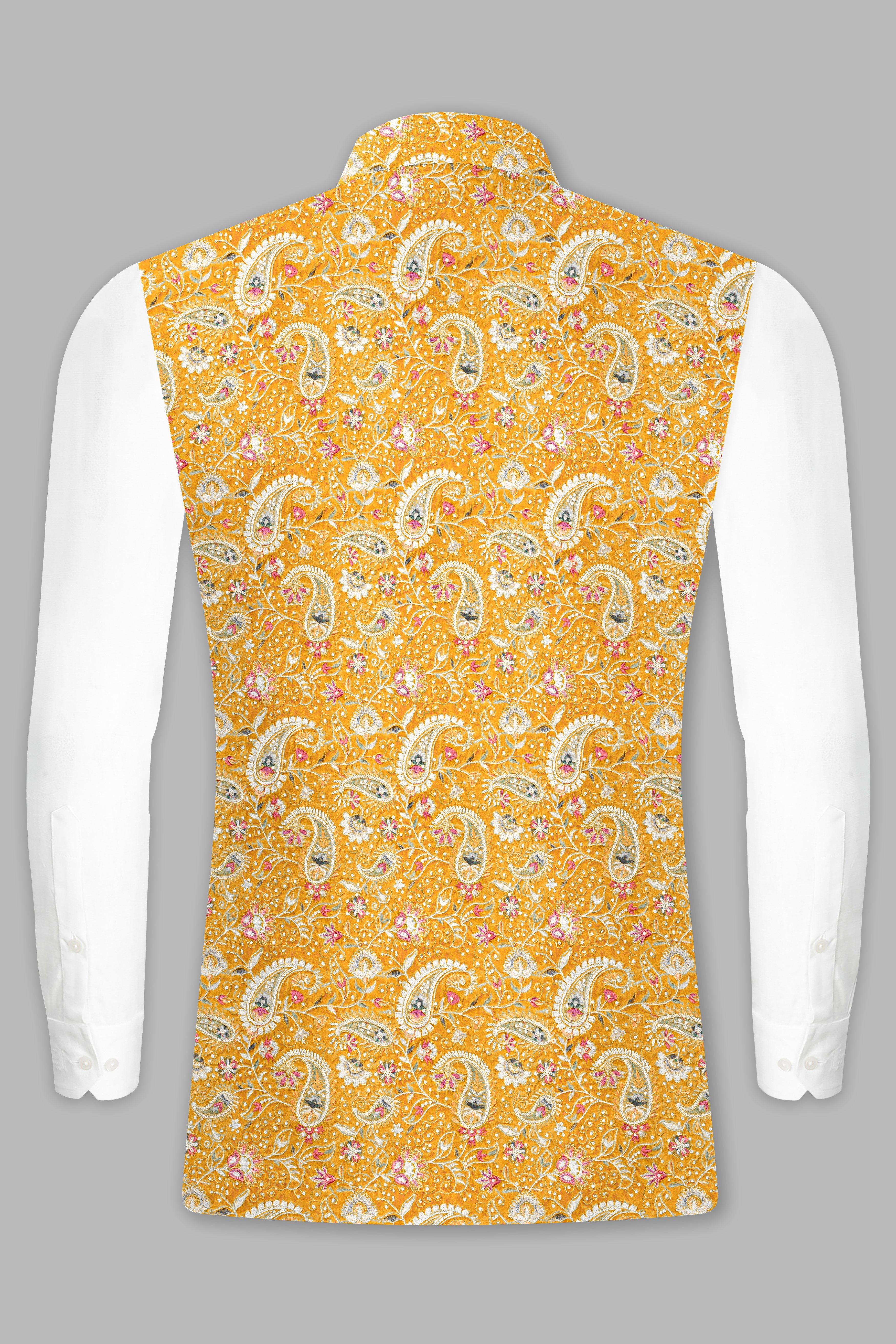 Manhattan Orange Kurta Set With Firebush Yellow Velvet Floral Thread Embroidered Nehru Jacket