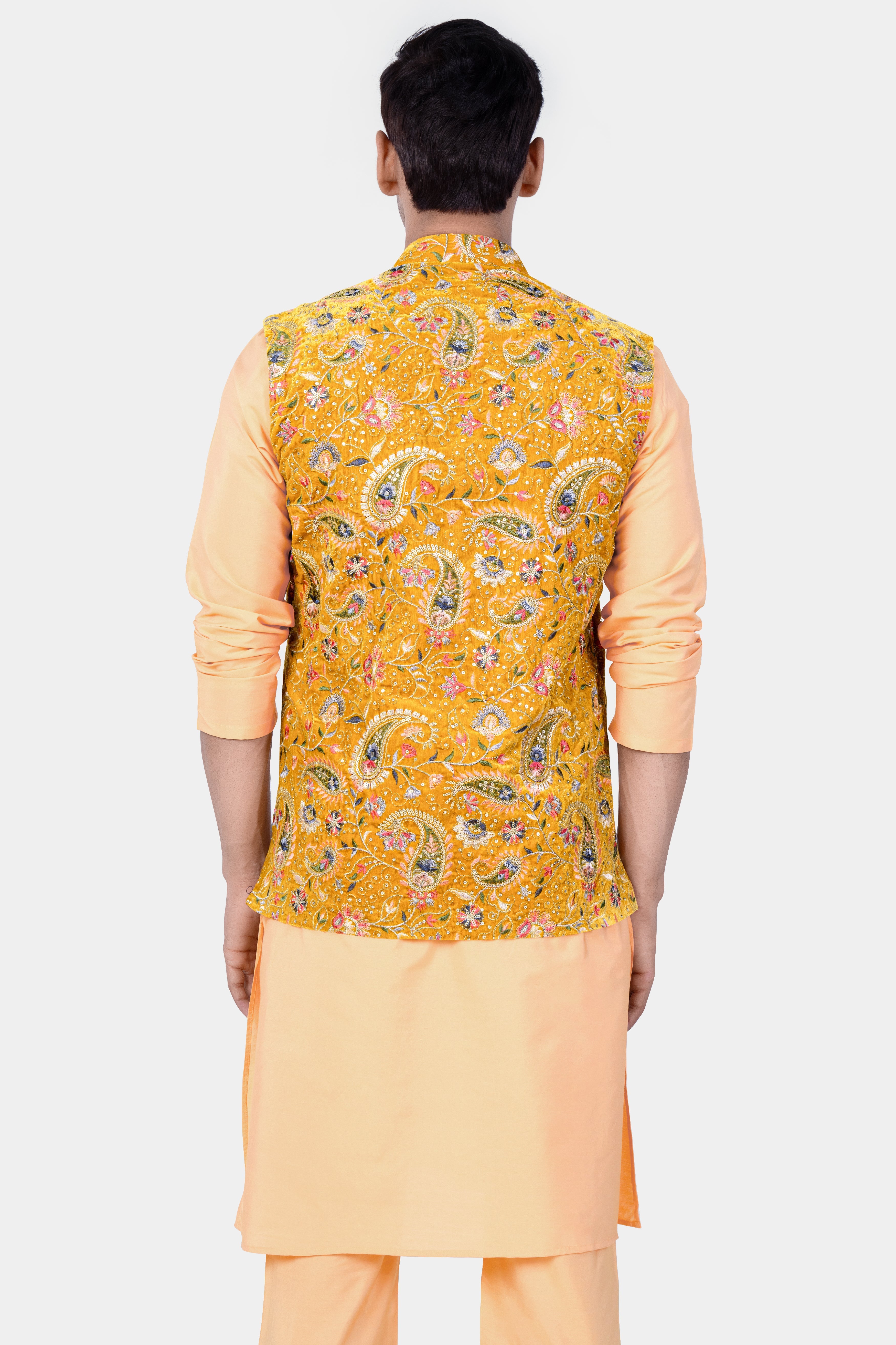 Manhattan Orange Kurta Set With Firebush Yellow Velvet Floral Thread Embroidered Nehru Jacket