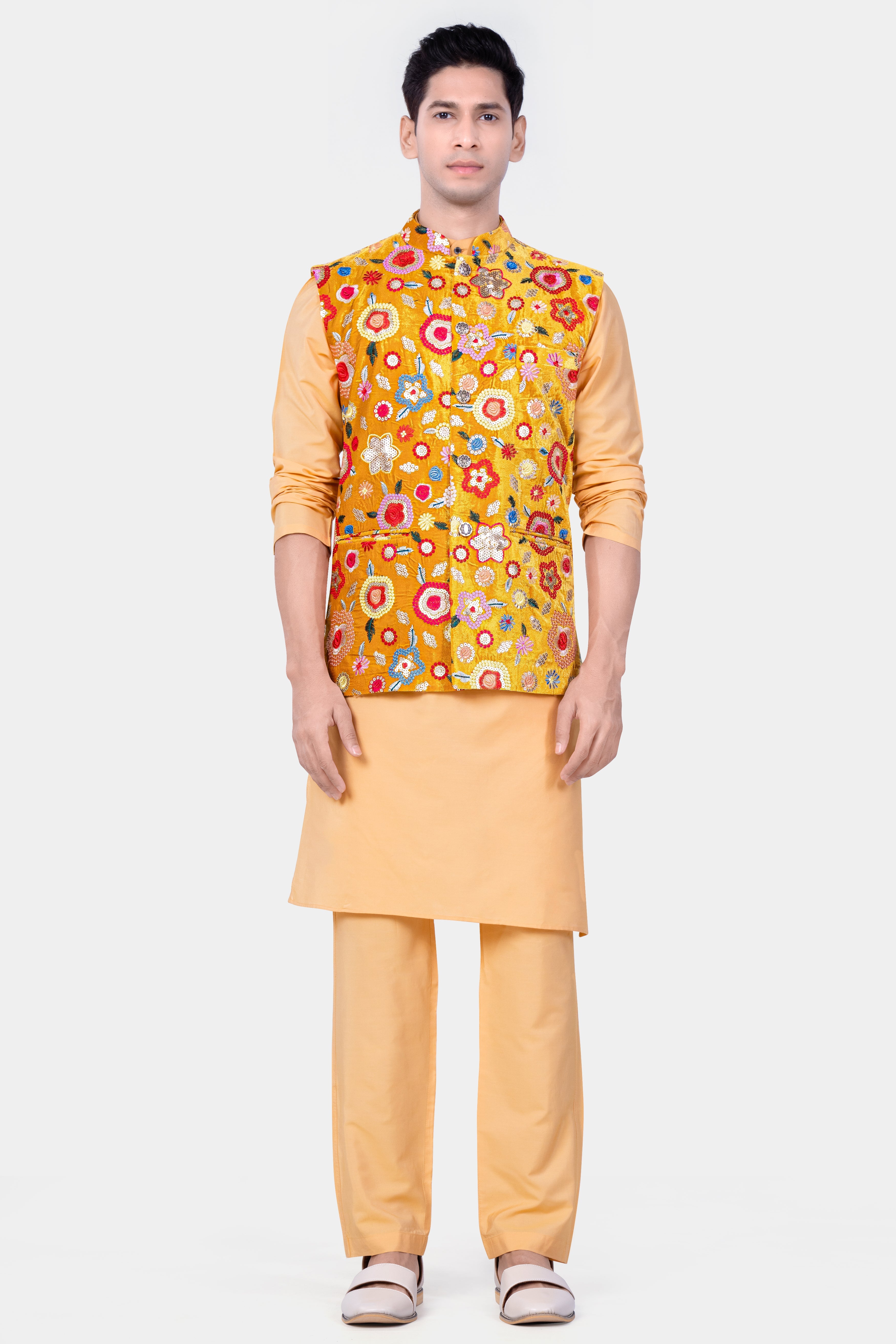 Manhattan Orange Kurta Set With Tangerine Yellow And Alizarin Red Velvet Floral Thread Embroidered Nehru Jacket