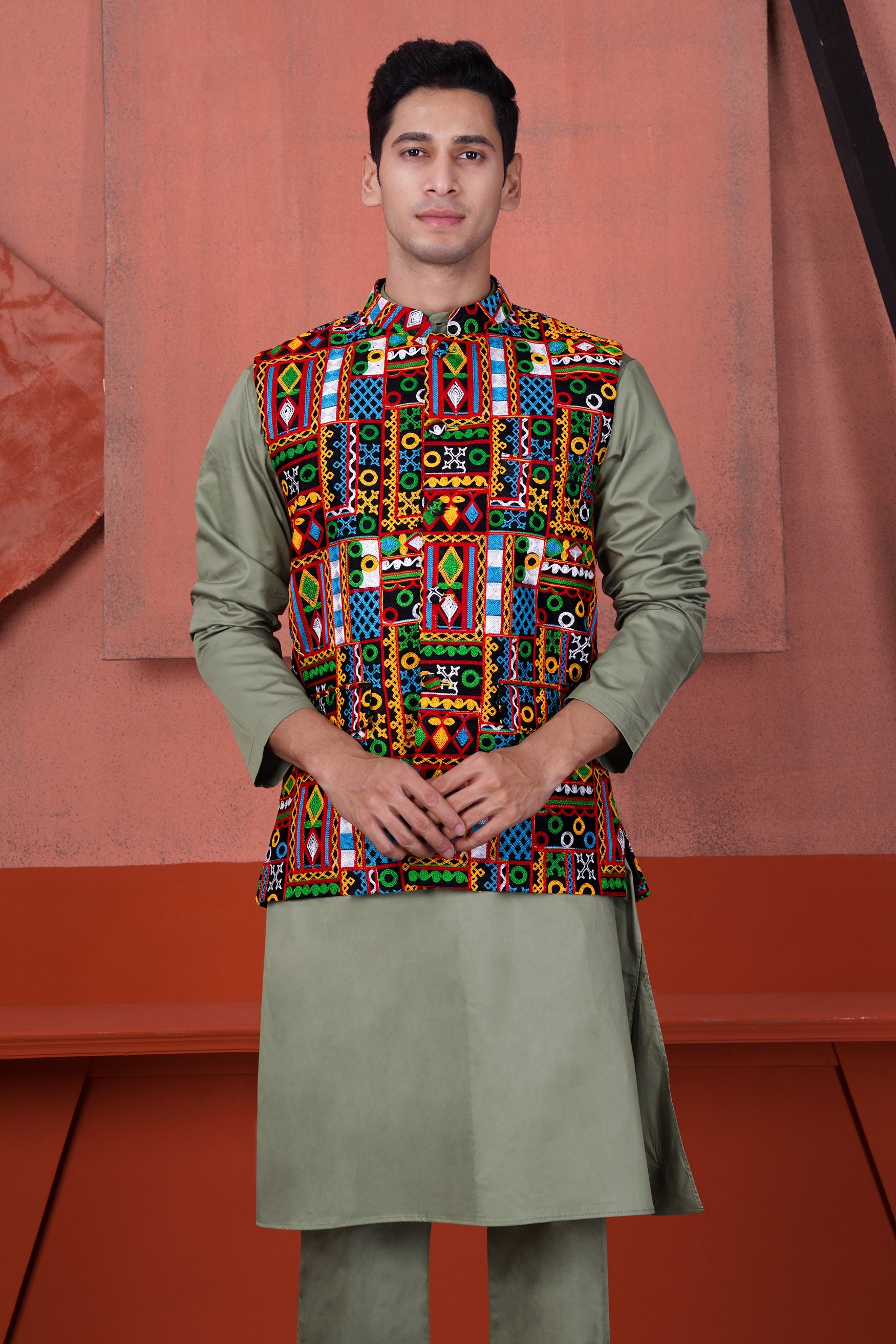 Olive Green Cotton Thread Embroidered Designer Kurta With Nehru Jacket