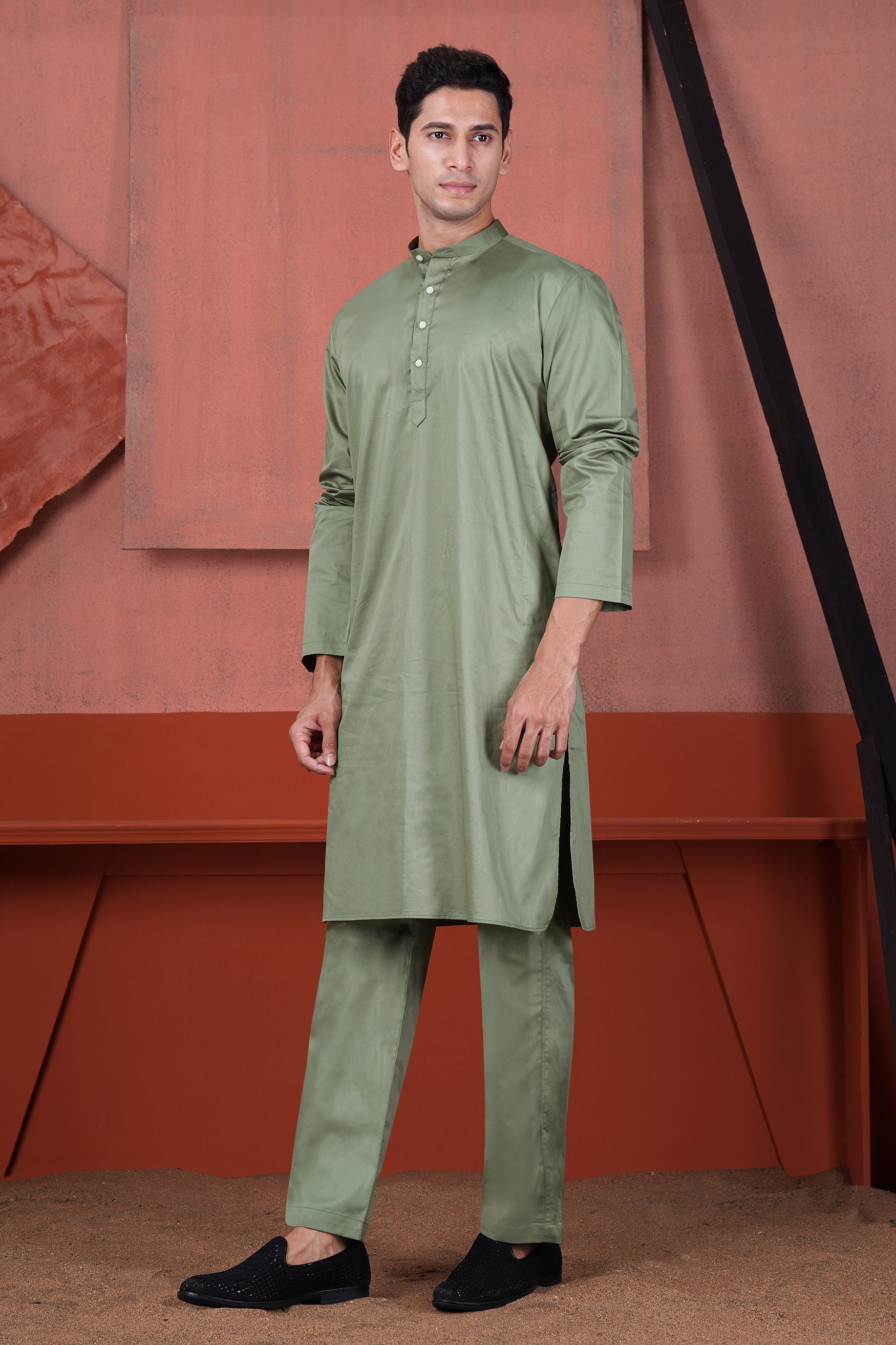 Olive Green Cotton Thread Embroidered Designer Kurta With Nehru Jacket