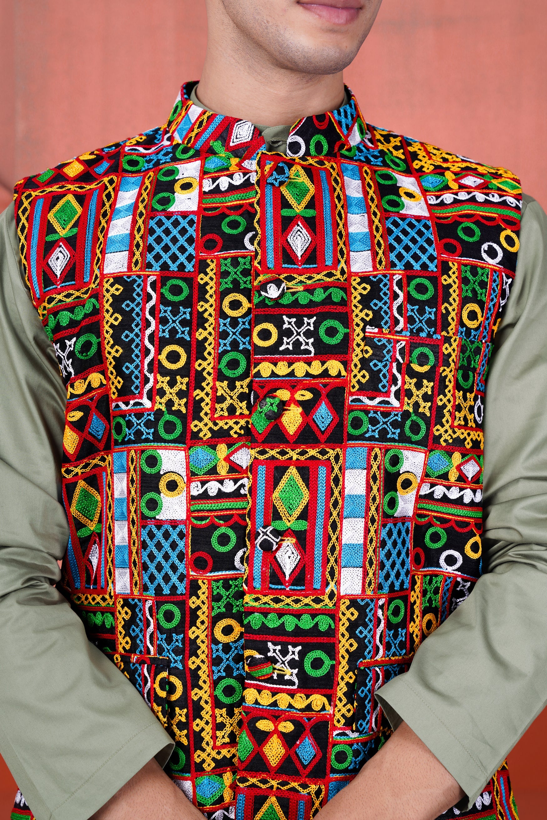 Olive Green Cotton Thread Embroidered Designer Kurta With Nehru Jacket