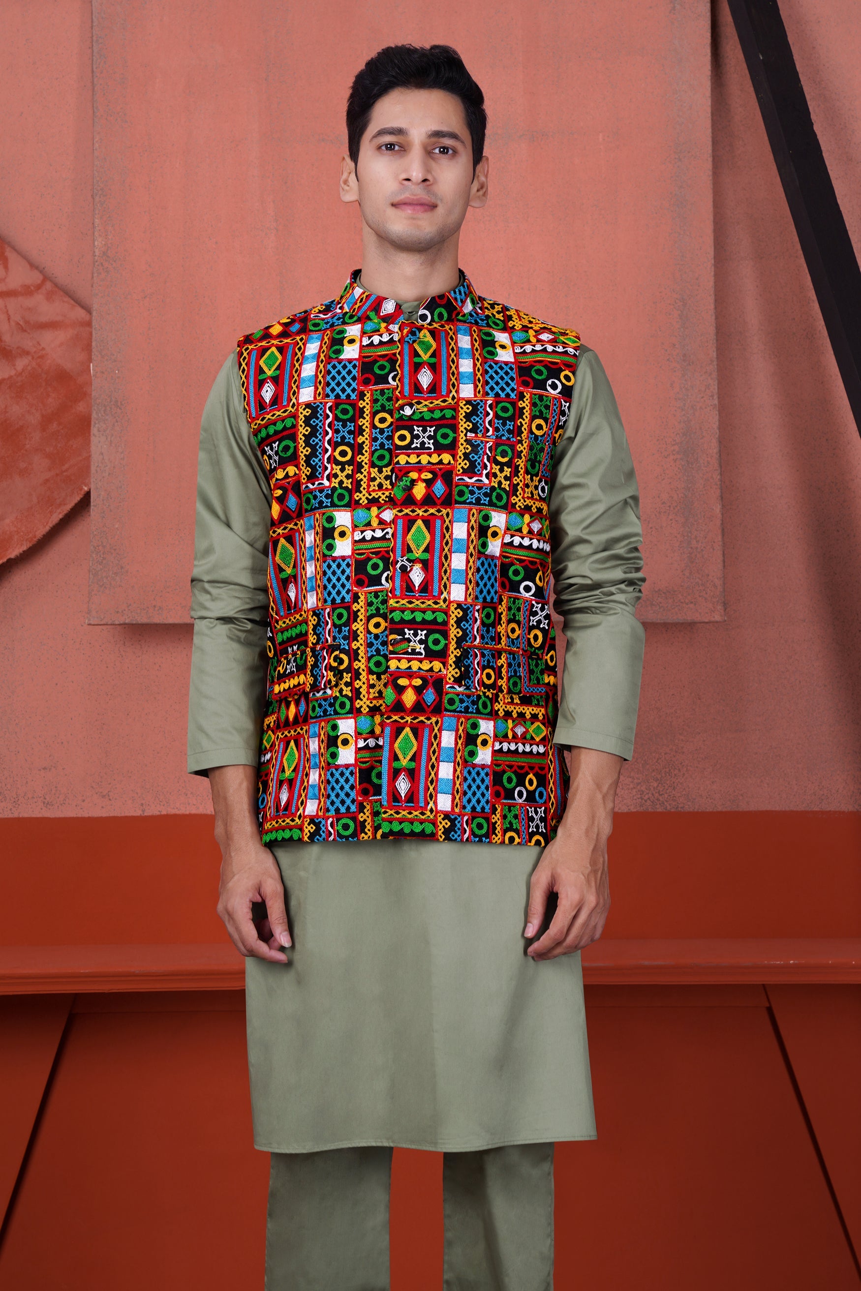 Olive Green Cotton Thread Embroidered Designer Kurta With Nehru Jacket