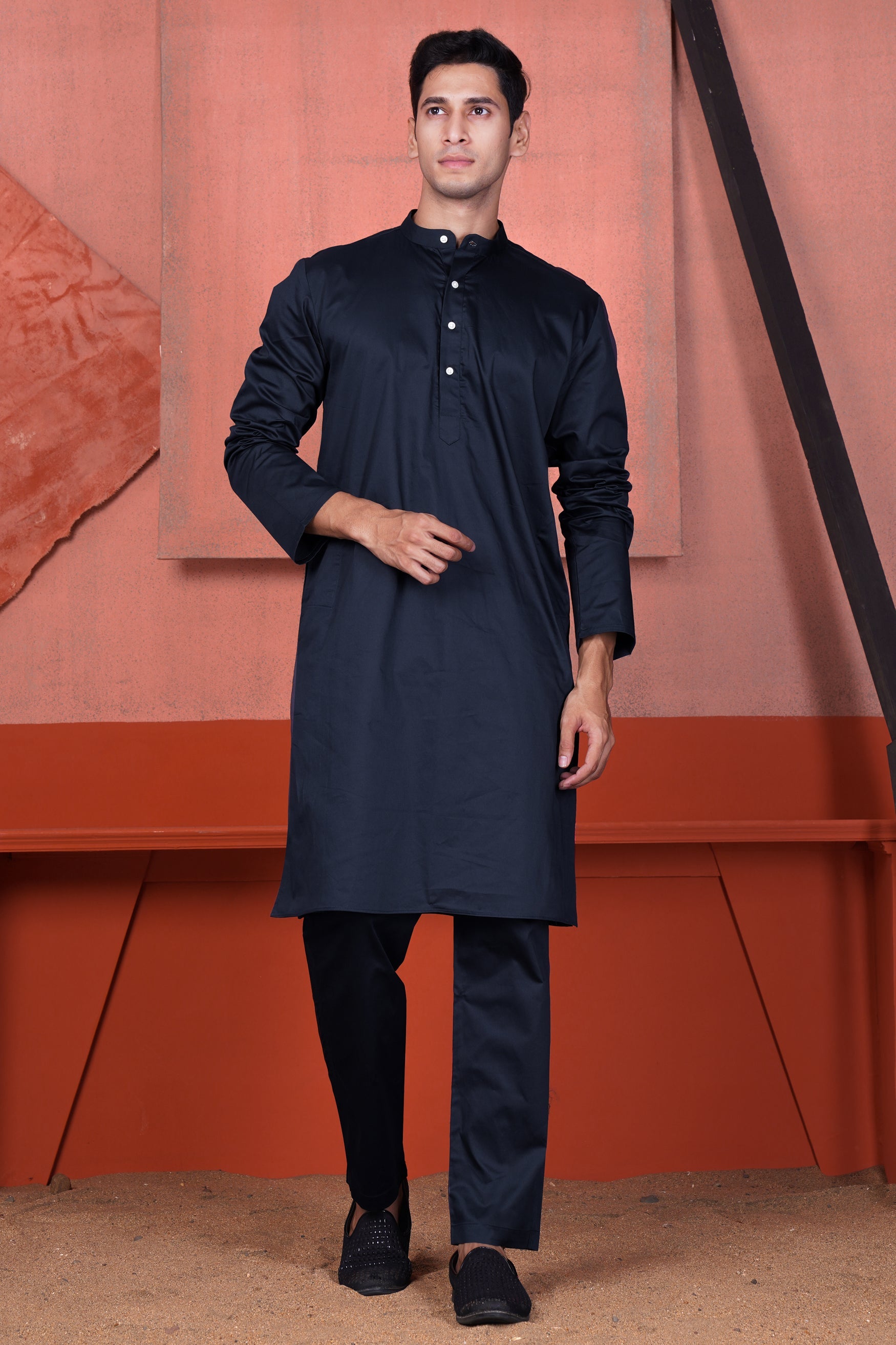 Haiti Blue Kurta with Canray Orange and Catalina Blue Multicolour Cotton Thread Embroidered Designer Nehru Jacket KPNJ140-38, KPNJ140-39, KPNJ140-40, KPNJ140-42, KPNJ140-44, KPNJ140-46, KPNJ140-48, KPNJ140-50, KPNJ140-52