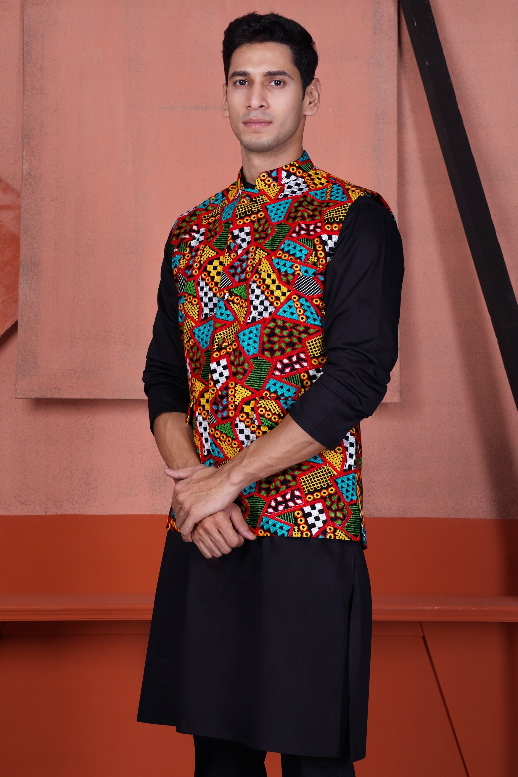 Jade Black Kurta with Carnelian Red and Kelly Green Multicolour Cotton Thread Embroidered Designer Nehru Jacket