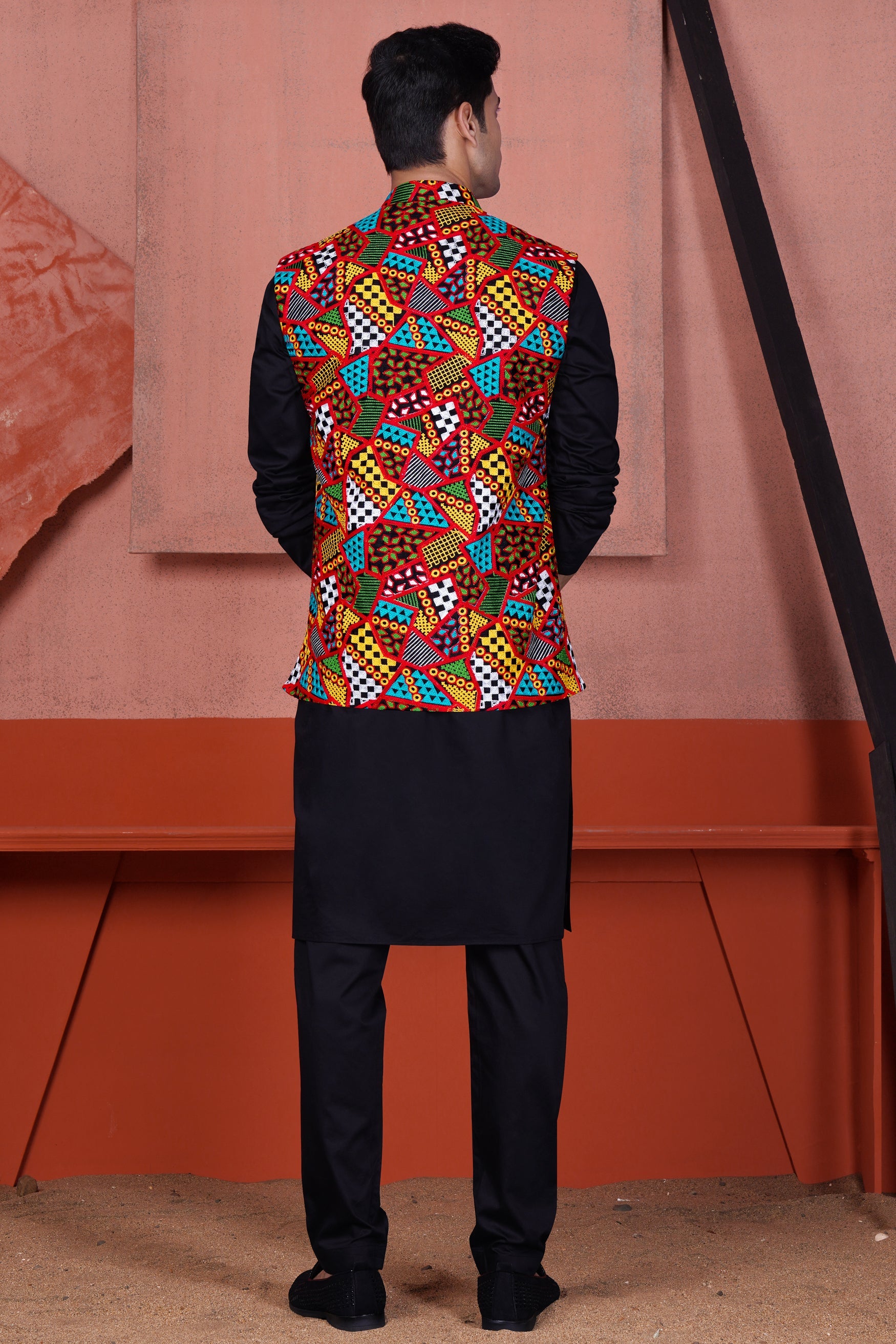 Jade Black Kurta with Carnelian Red and Kelly Green Multicolour Cotton Thread Embroidered Designer Nehru Jacket