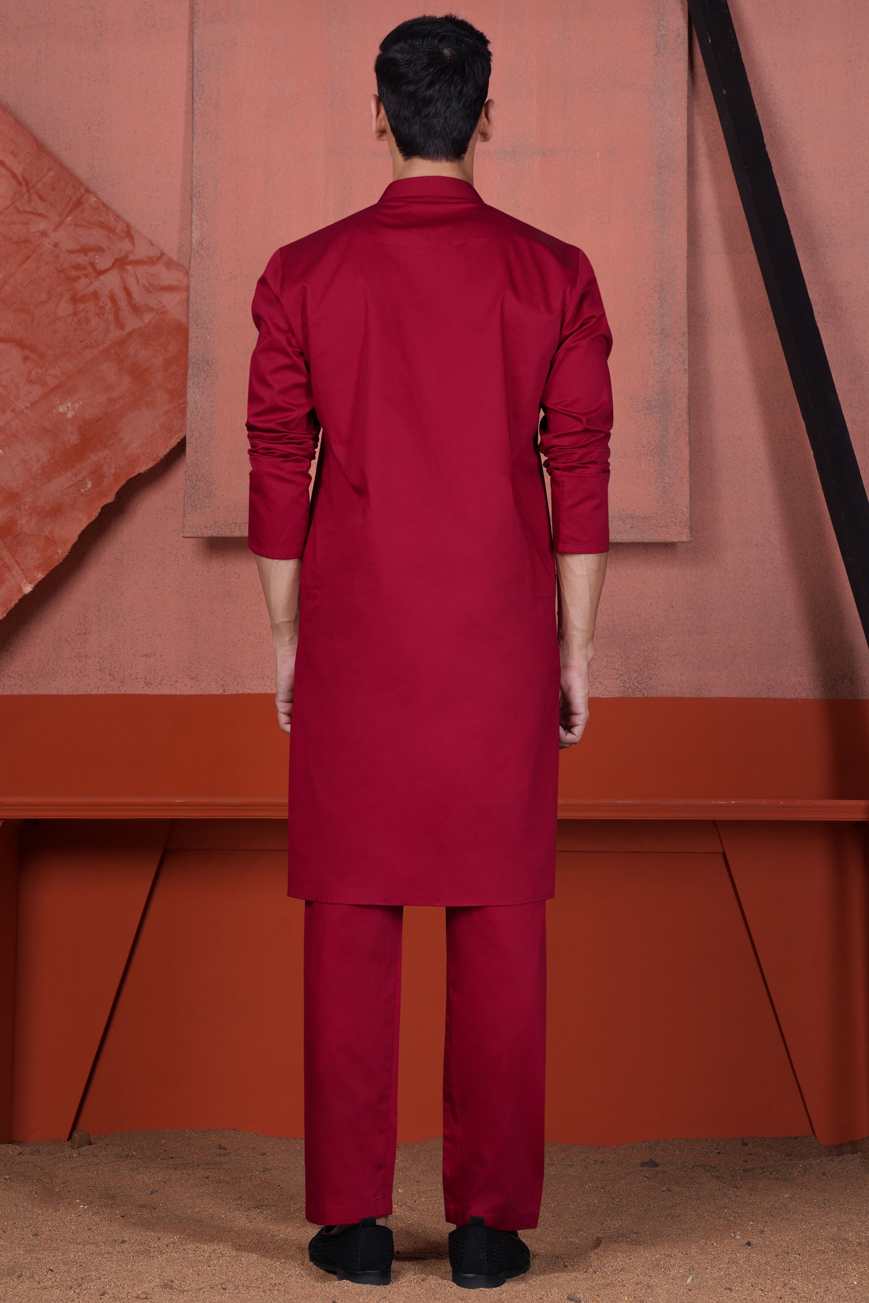 Vivid Auburn Red Kurta with Canray Orange and Catalina Blue Multicolour Cotton Thread Embroidered Designer Nehru Jacket