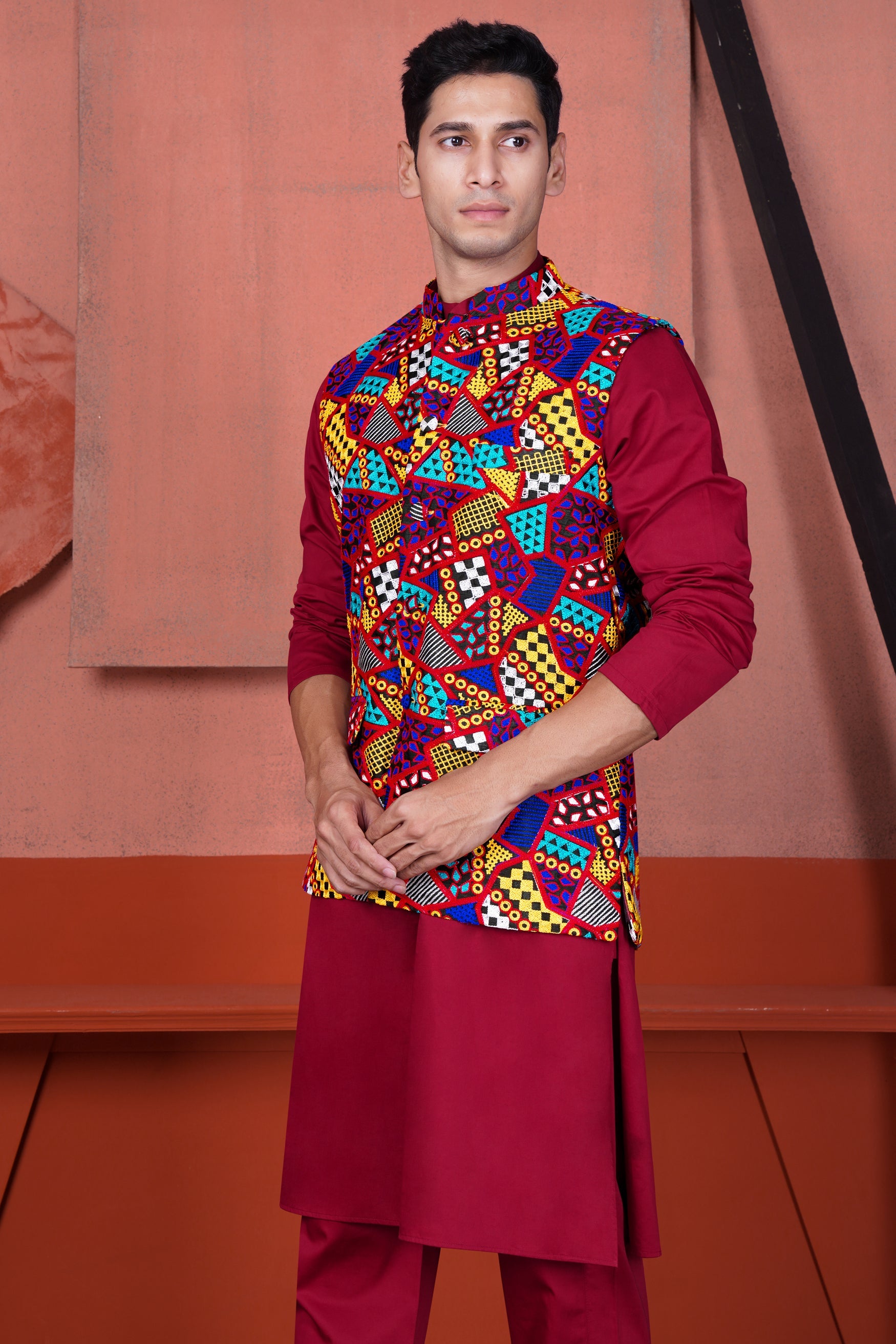 Vivid Auburn Red Kurta with Canray Orange and Catalina Blue Multicolour Cotton Thread Embroidered Designer Nehru Jacket