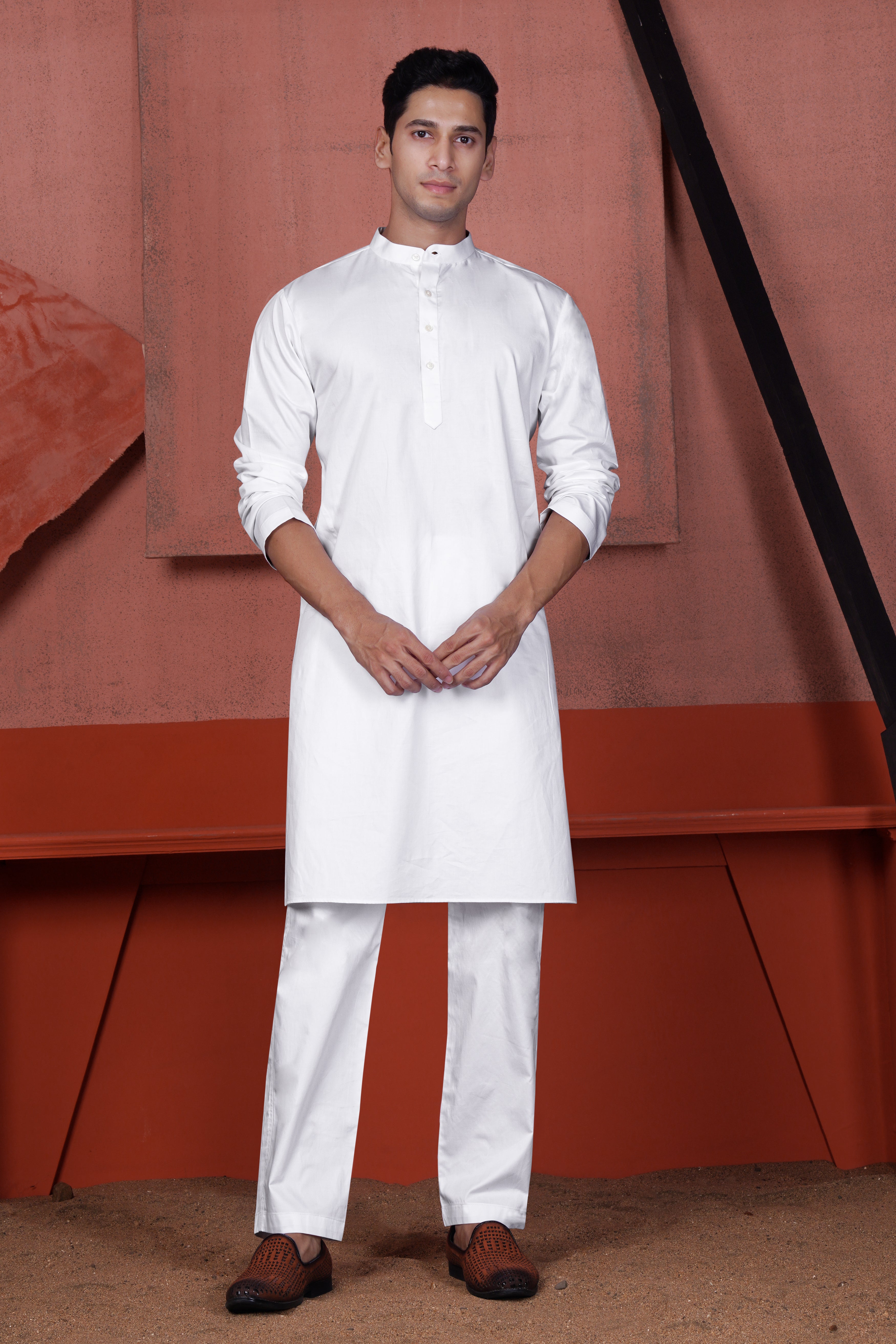 Bright White Kurta with Antique Brown and Merino Cream Zig Zag Cotton Thread Embroidered Designer Nehru Jacket