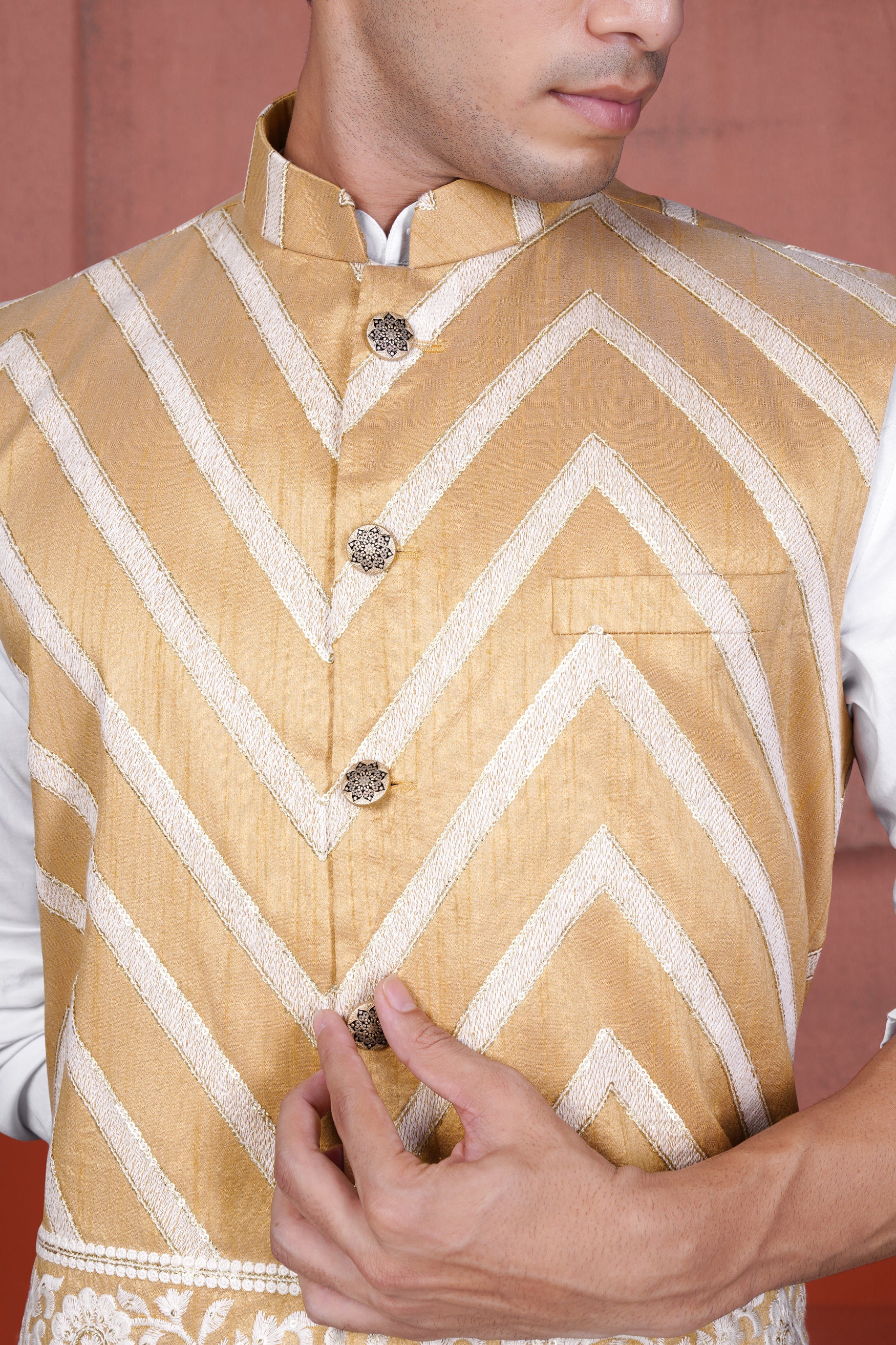 Bright White Kurta with Antique Brown and Merino Cream Zig Zag Cotton Thread Embroidered Designer Nehru Jacket