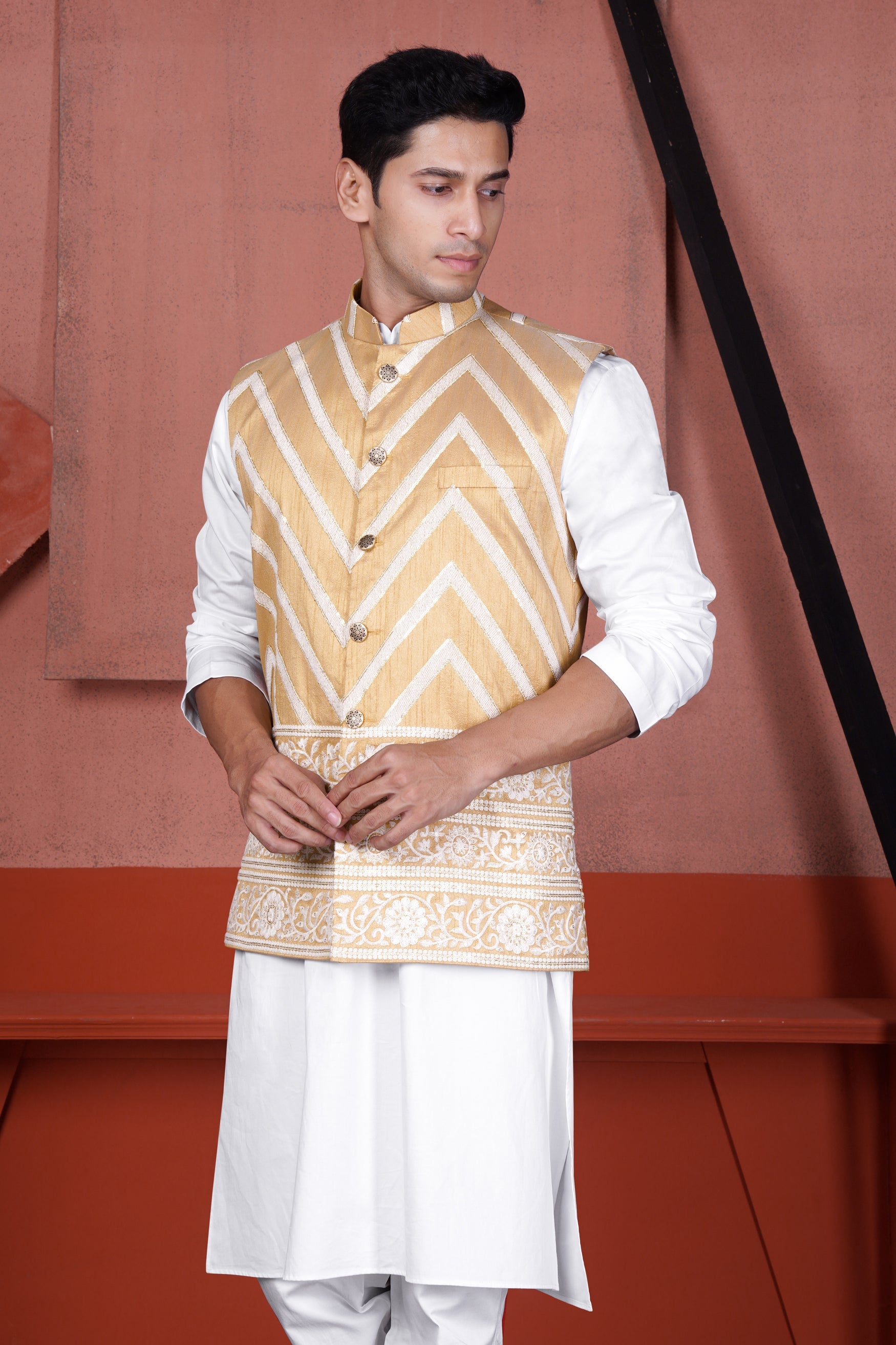 Bright White Kurta with Antique Brown and Merino Cream Zig Zag Cotton Thread Embroidered Designer Nehru Jacket