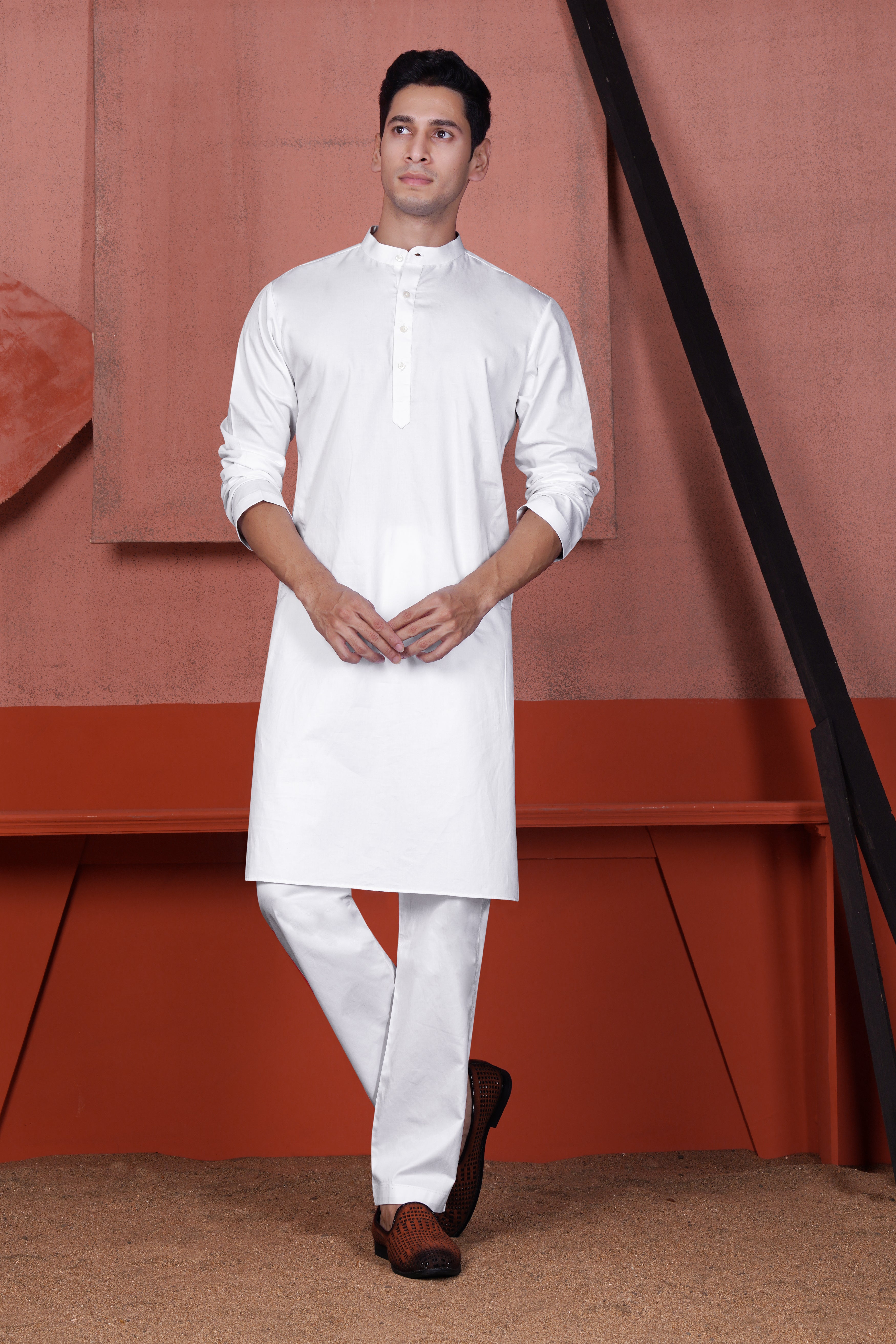 Bright White Kurta with Antique Brown and Merino Cream Zig Zag Cotton Thread Embroidered Designer Nehru Jacket