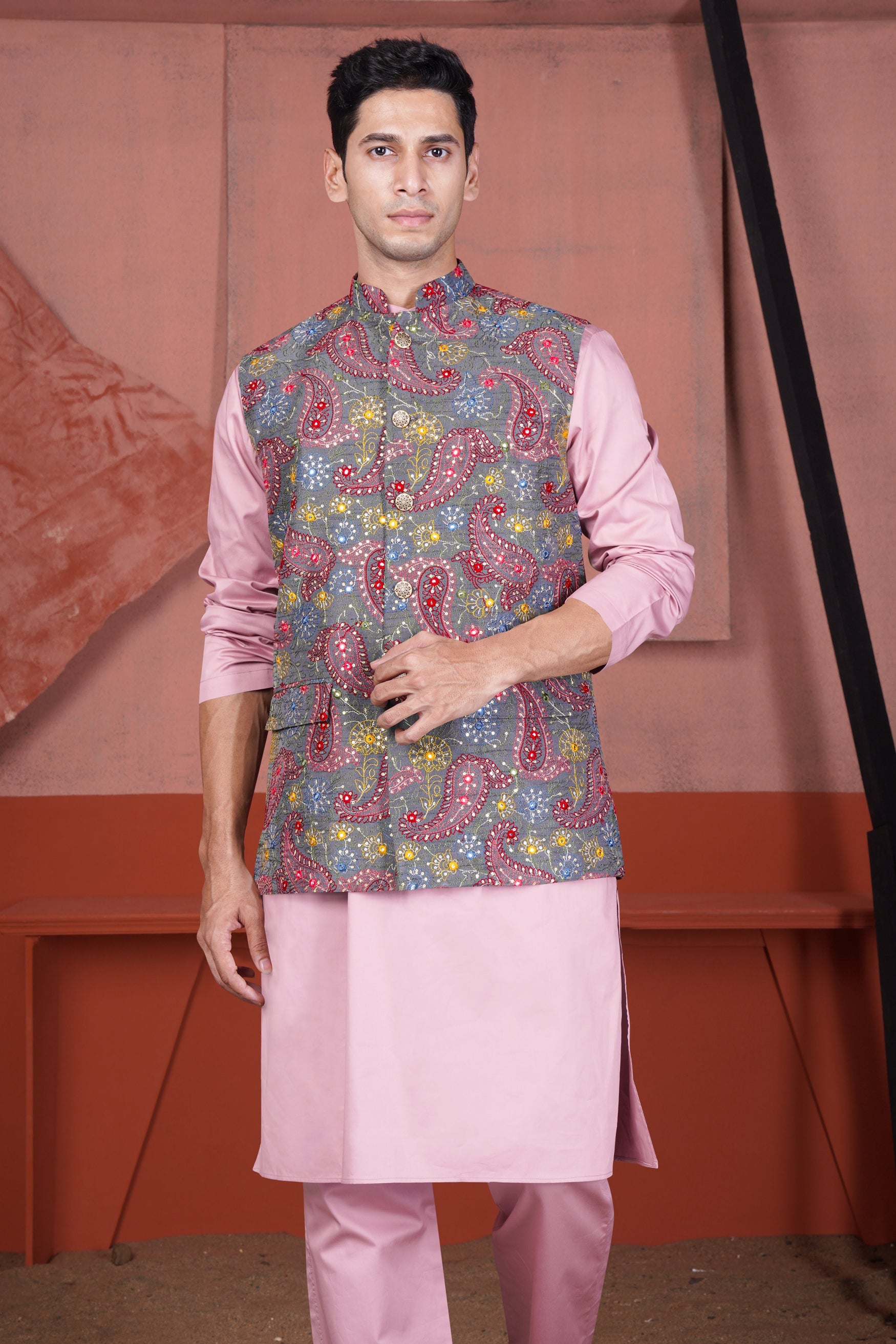 Kobi Pink Kurta with Nickel Gray and Brink Pink Paisley Cotton Thread Embroidered Designer Nehru Jacket