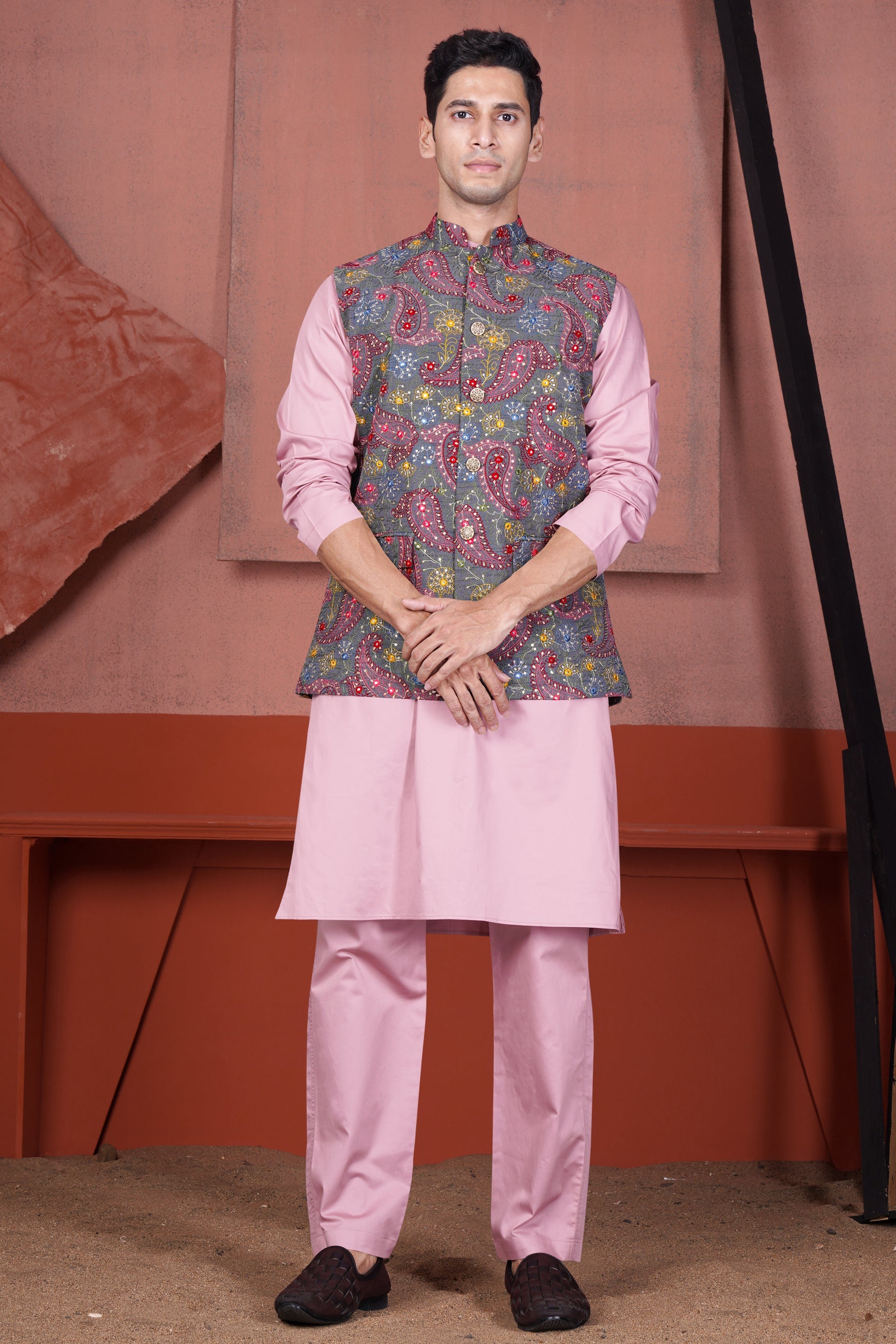 Kobi Pink Kurta with Nickel Gray and Brink Pink Paisley Cotton Thread Embroidered Designer Nehru Jacket