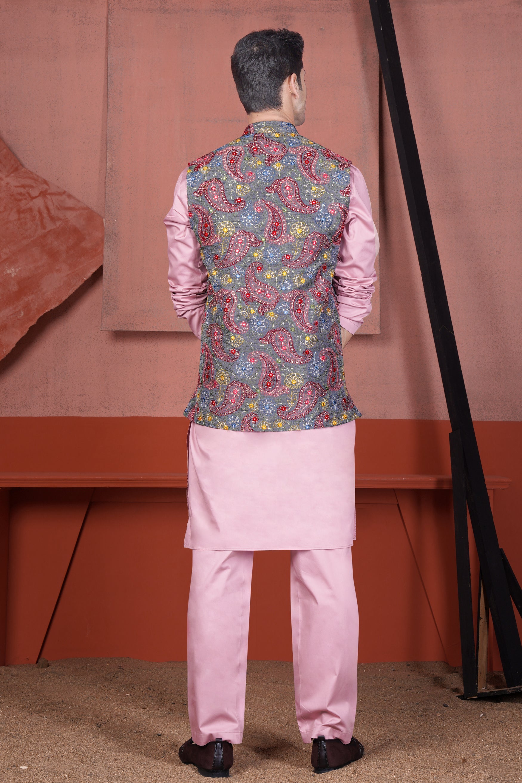 Kobi Pink Kurta with Nickel Gray and Brink Pink Paisley Cotton Thread Embroidered Designer Nehru Jacket
