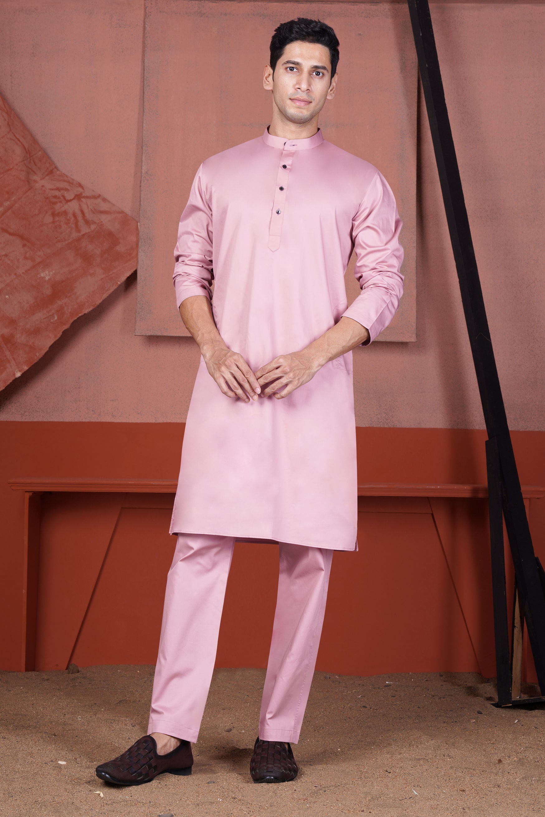 Kobi Pink Kurta with Nickel Gray and Brink Pink Paisley Cotton Thread Embroidered Designer Nehru Jacket