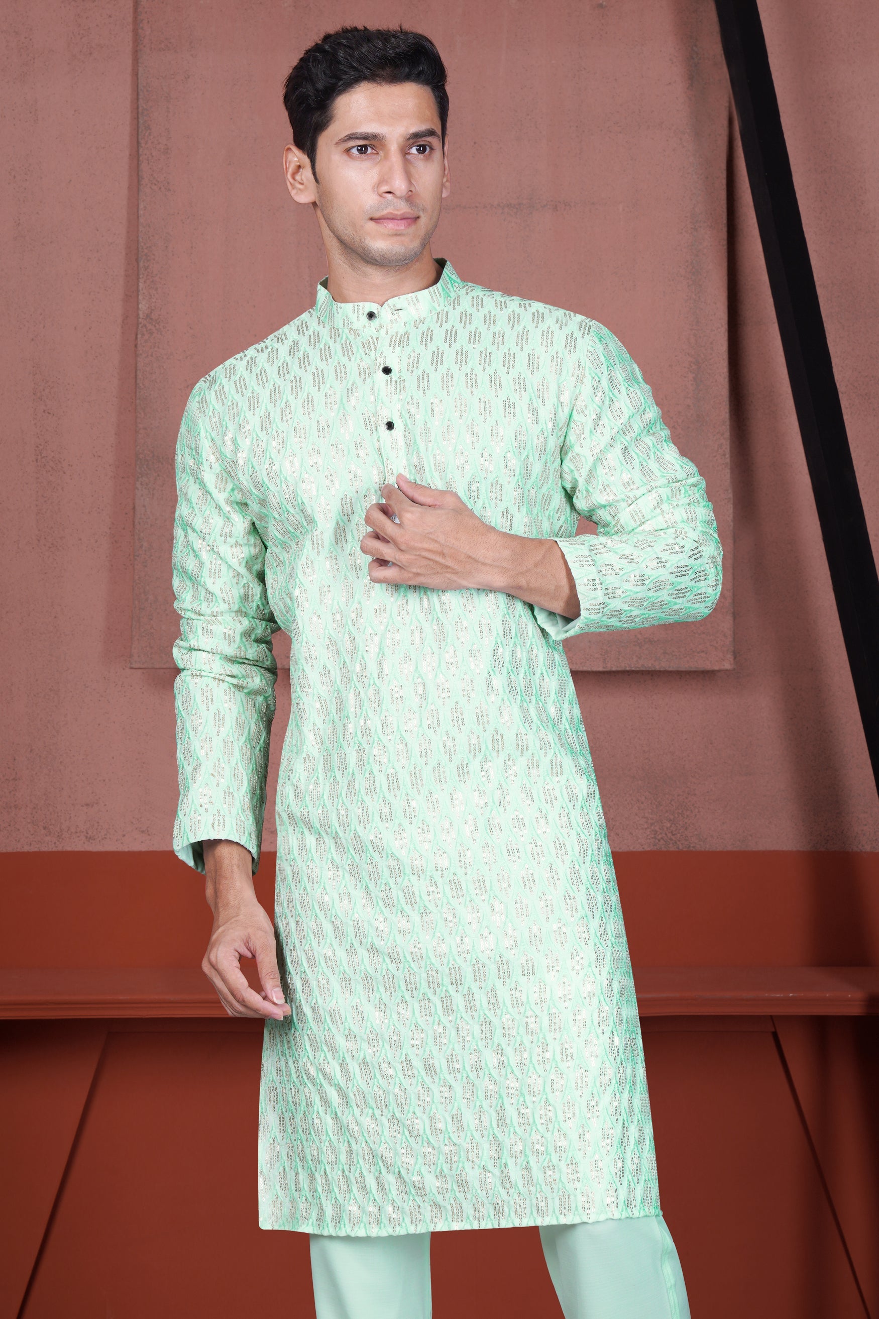Edgewater Green Viscose Embroidered with Tikki Work Designer Kurta with Nehru Jacket
