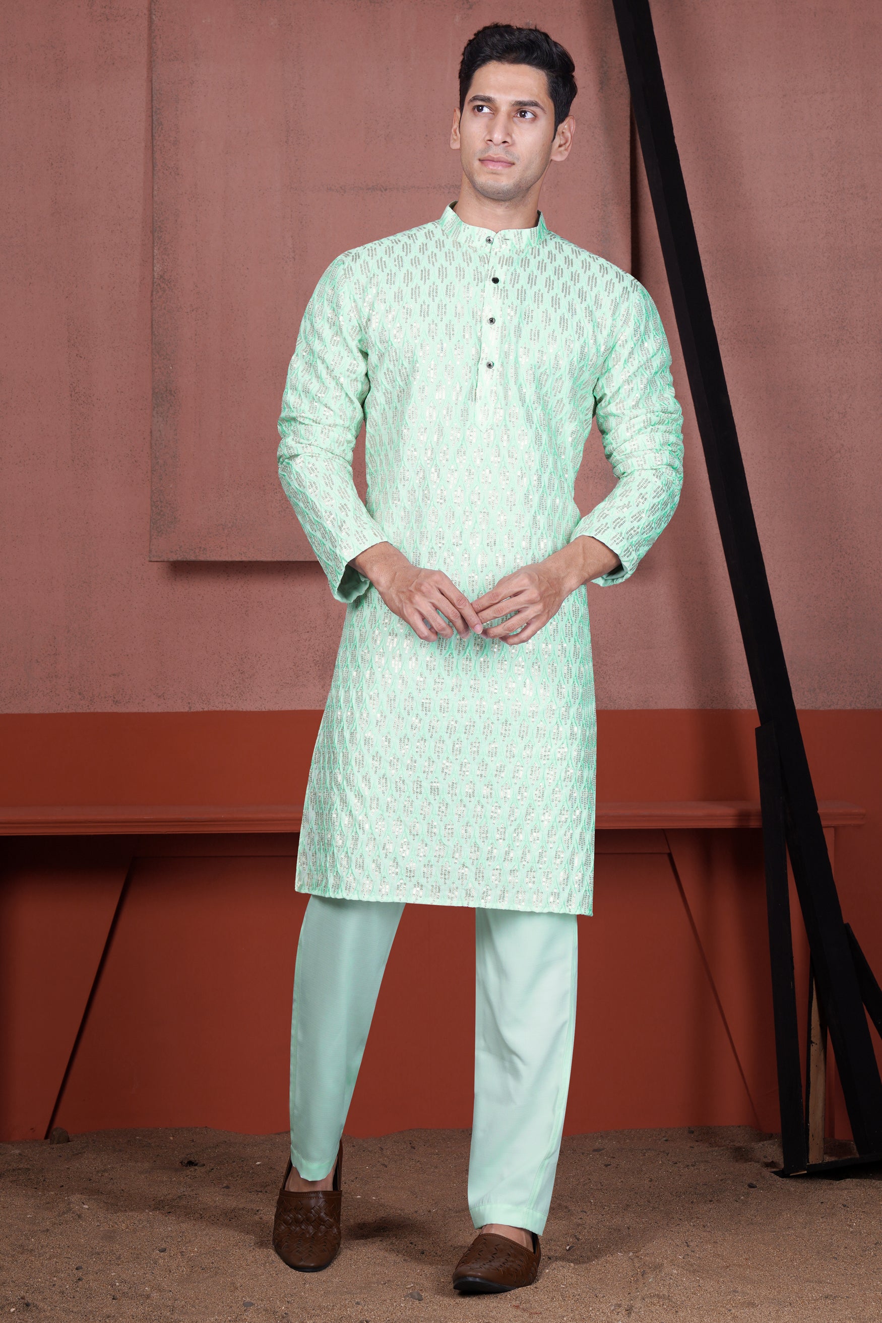 Edgewater Green Viscose Embroidered with Tikki Work Designer Kurta with Nehru Jacket