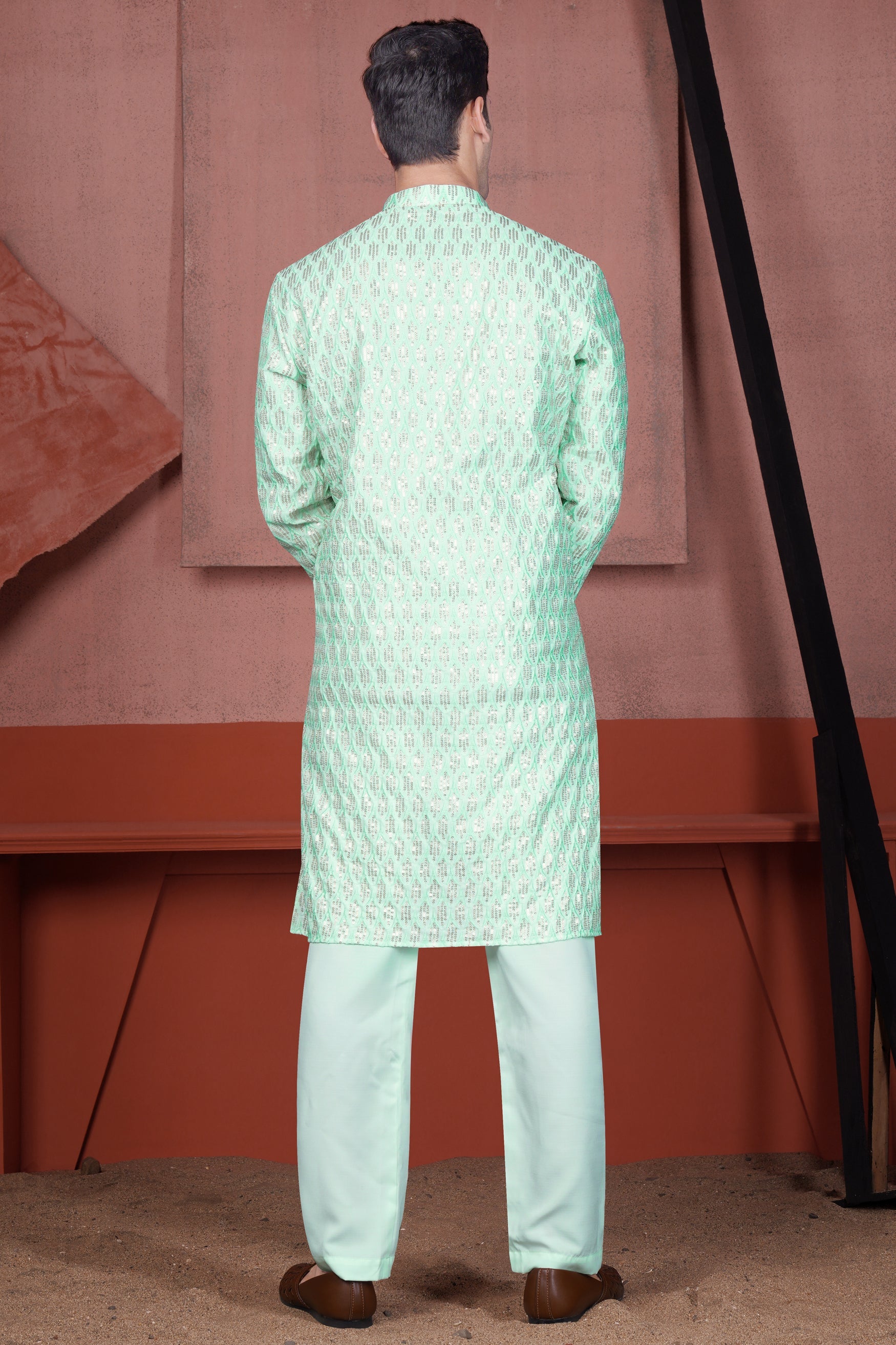 Edgewater Green Viscose Embroidered with Tikki Work Designer Kurta with Nehru Jacket