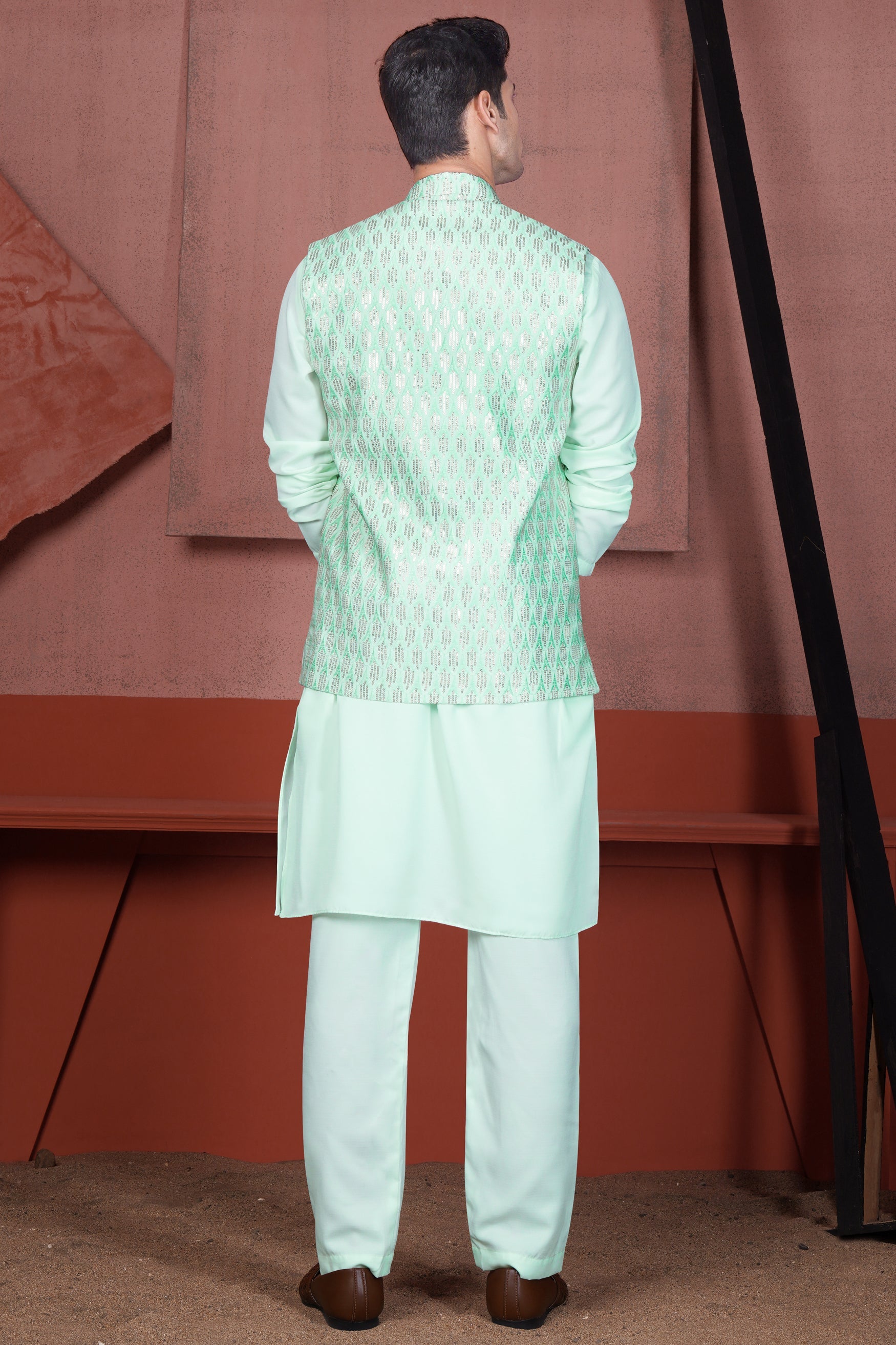Edgewater Green Viscose Embroidered with Tikki Work Designer Kurta with Nehru Jacket