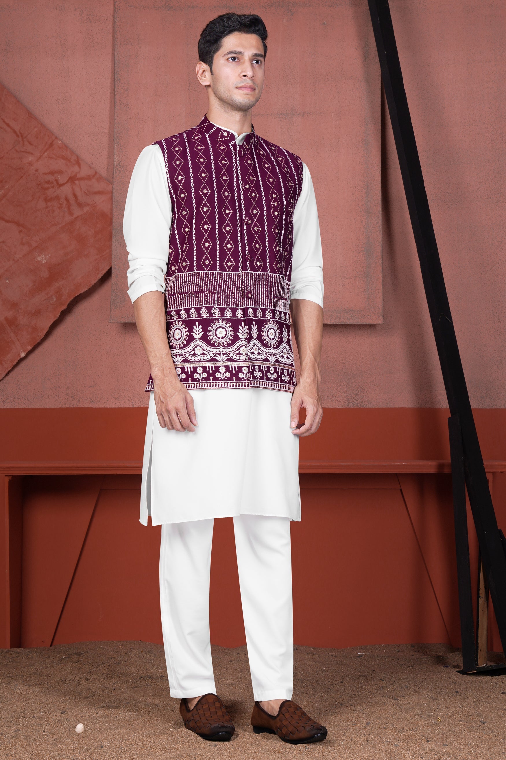 Bright White Kurta with Pansy Purple Cotton Thread Embroidered Viscose Designer Nehru Jacket
