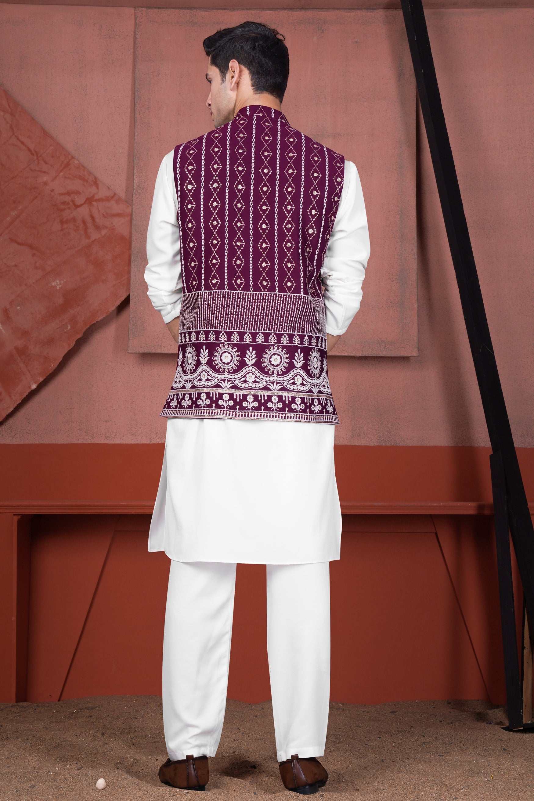 Bright White Kurta with Pansy Purple Cotton Thread Embroidered Viscose Designer Nehru Jacket