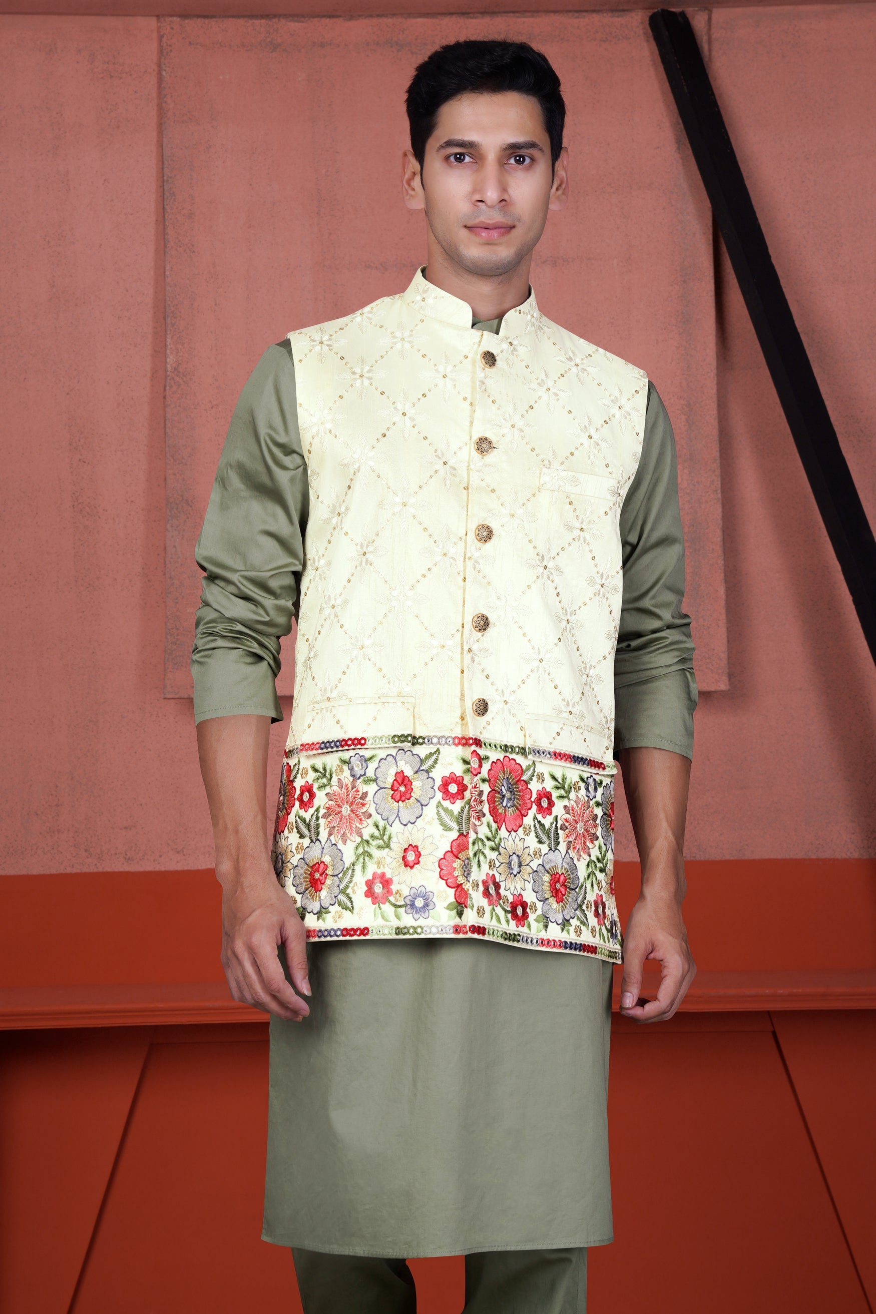 Olive Green Kurta with Merino Cream and Terra Pink Floral Cotton Thread Embroidered Designer Nehru Jacket