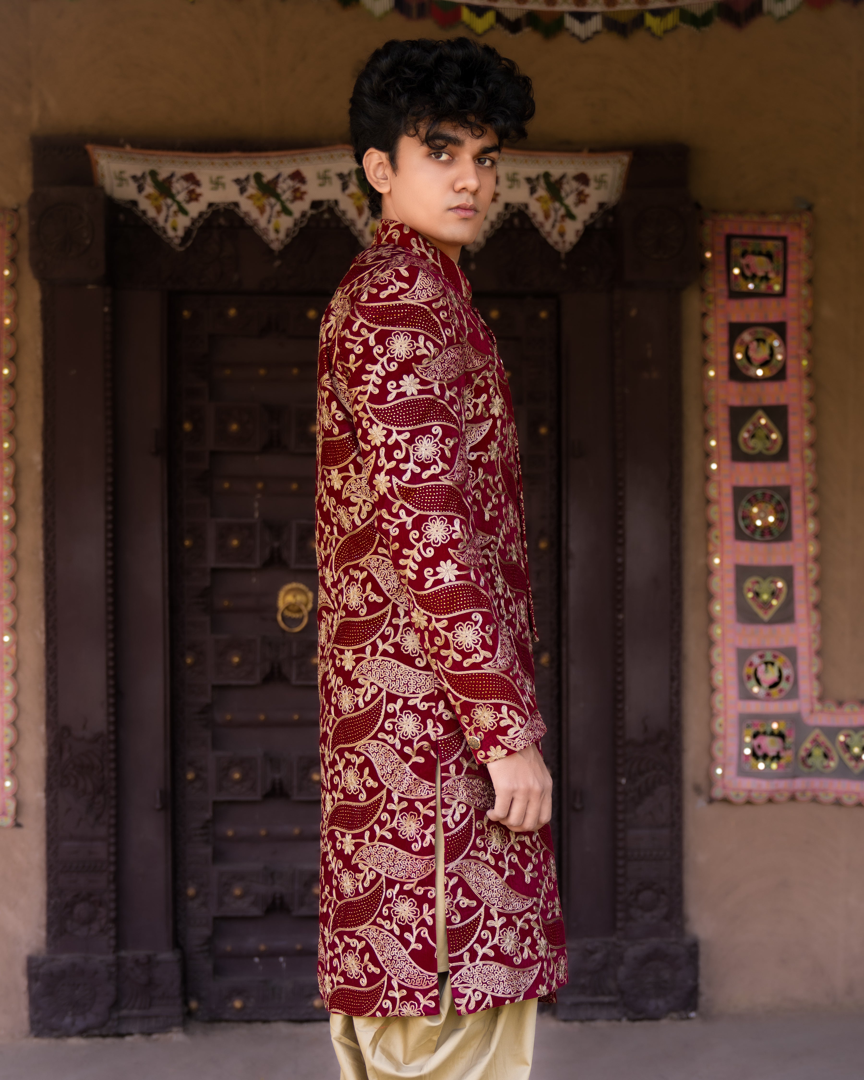 Scarlet Maroon with Beaver Brown Velvet Tikki Work with Cotton Embroidered Thread Work Bandhgala Sherwani SHR005-SRW07-36, SHR005-SRW07-38, SHR005-SRW07-40, SHR005-SRW07-42, SHR005-SRW07-44, SHR005-SRW07-46, SHR005-SRW07-48, SHR005-SRW07-50, SHR005-SRW07-52, SHR005-SRW07-54, SHR005-SRW07-56, SHR005-SRW07-58, SHR005-SRW07-60