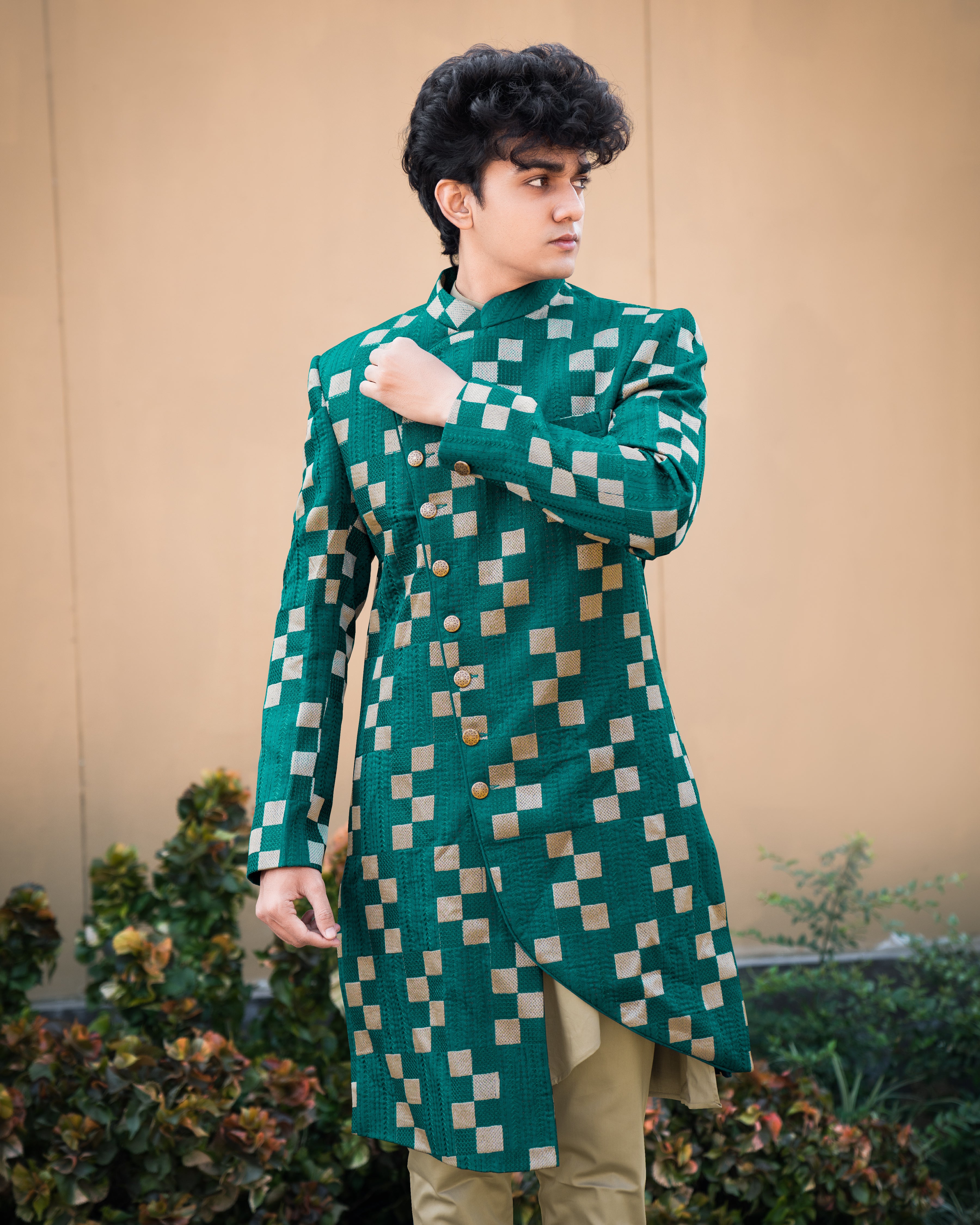 Dark Teal Green with Periglacial Cream Checked Velvet with Cotton Embroidered Thread Work Asymmetrical Patterned Cross Buttoned Bandhgala Sherwani SHR006-SRW05-36, SHR006-SRW05-38, SHR006-SRW05-40, SHR006-SRW05-42, SHR006-SRW05-44, SHR006-SRW05-46, SHR006-SRW05-48, SHR006-SRW05-50, SHR006-SRW05-52, SHR006-SRW05-54, SHR006-SRW05-56, SHR006-SRW05-58, SHR006-SRW05-60